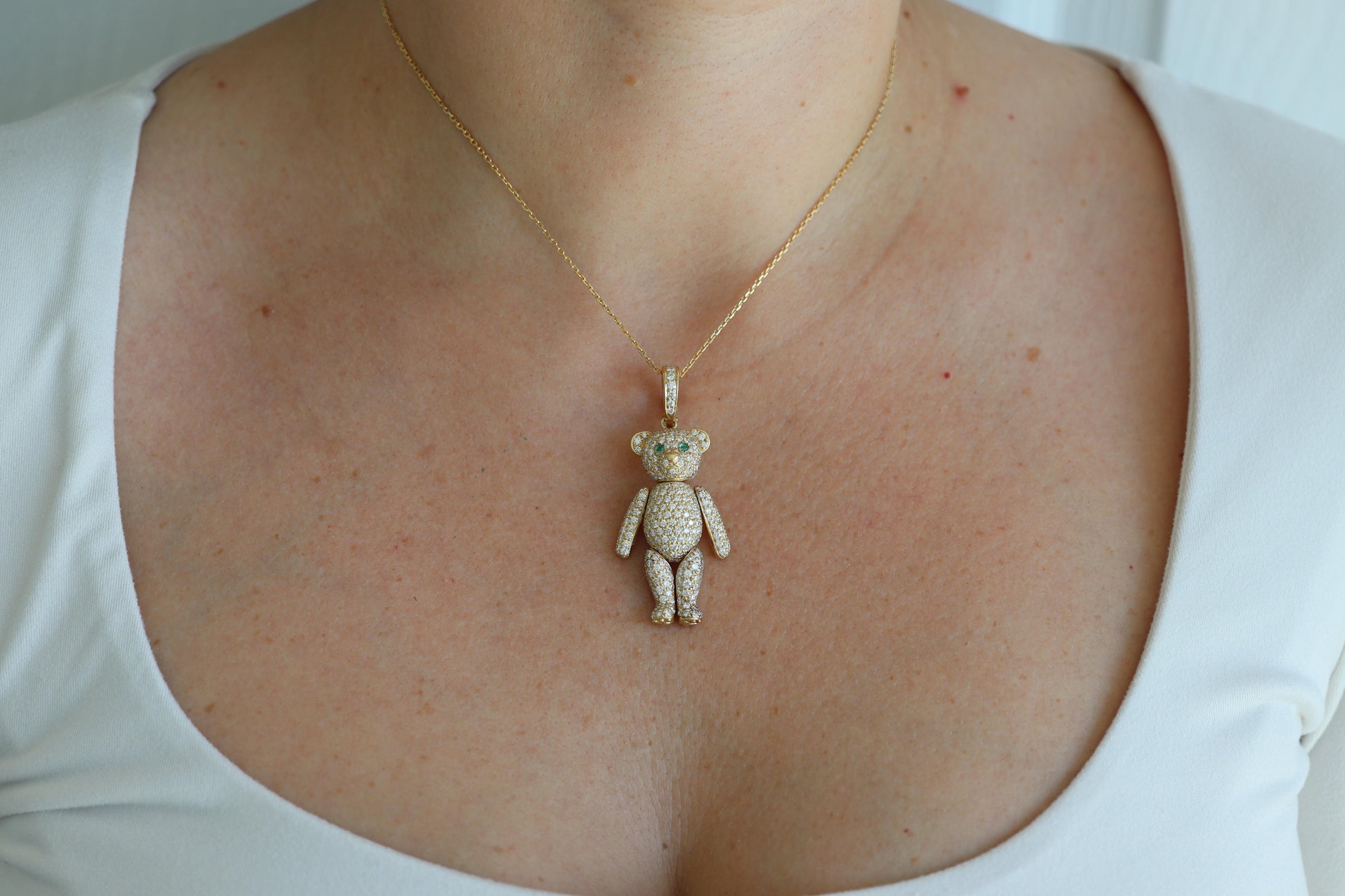 18k Teddy Bear Pendant. 18k YG Diamond Pave 3D Diamond Bear full body necklace