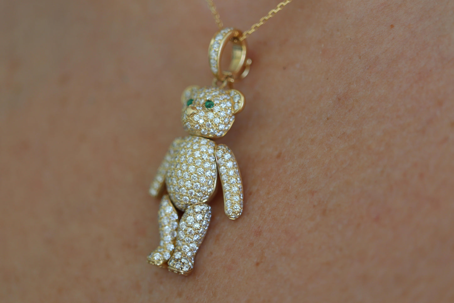 18k Teddy Bear Pendant. 18k YG Diamond Pave 3D Diamond Bear full body necklace