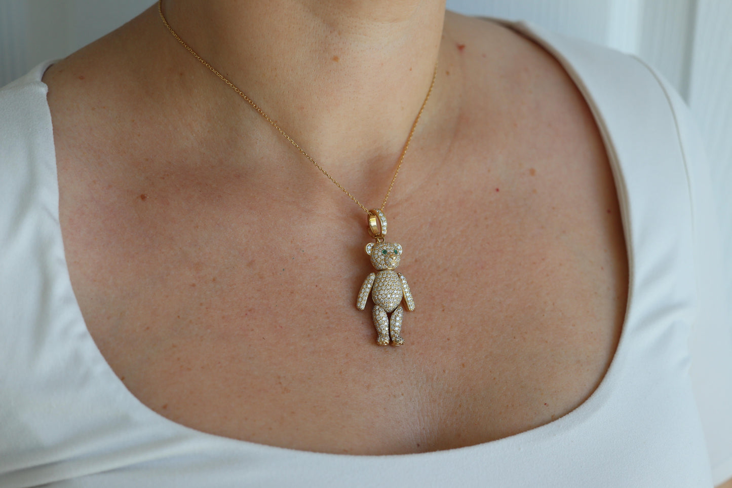 18k Teddy Bear Pendant. 18k YG Diamond Pave 3D Diamond Bear full body necklace