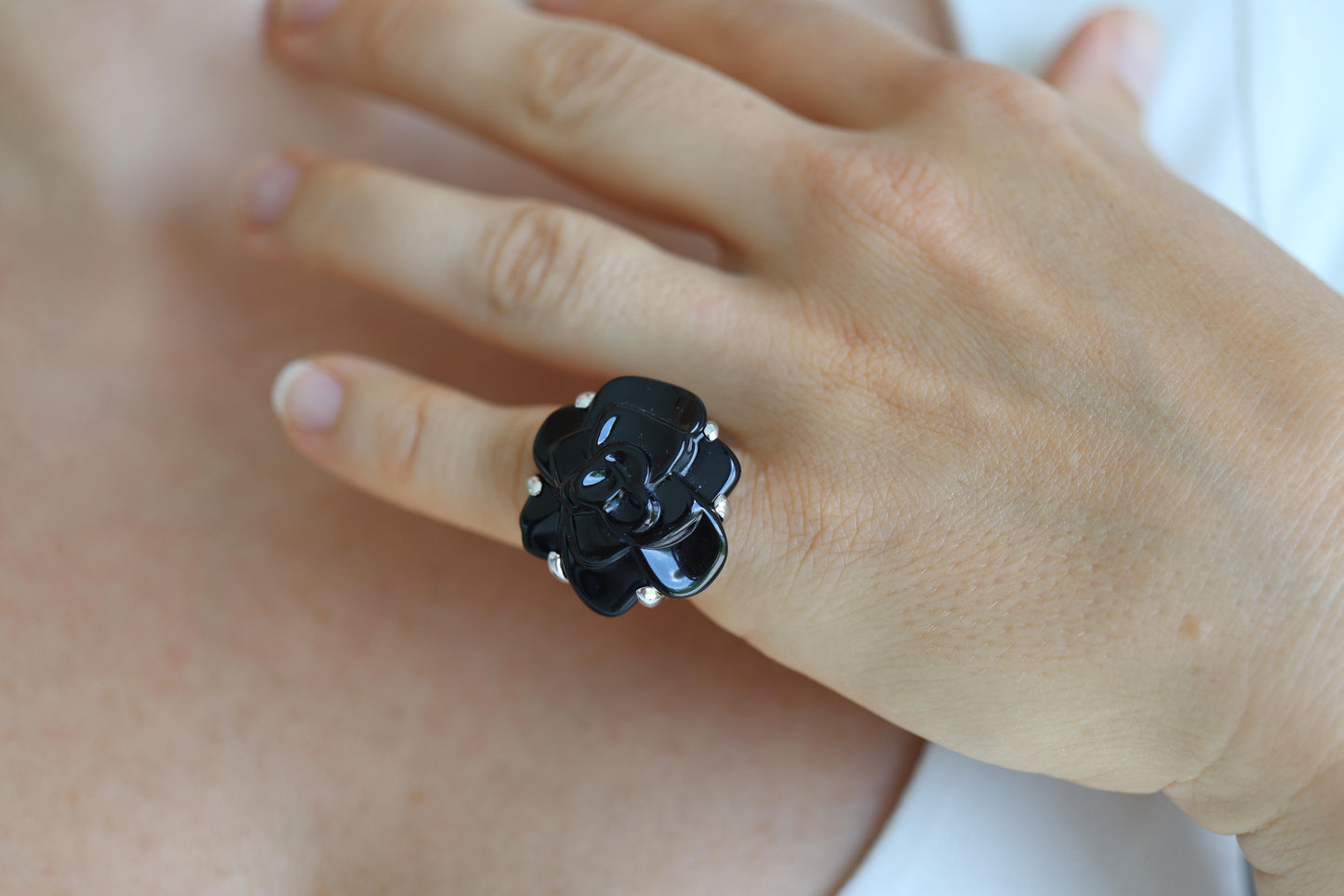 Chanel Camelia Ring. Genuine CHANEL 18k 750 Camelia Onyx Ring. Size 48.
