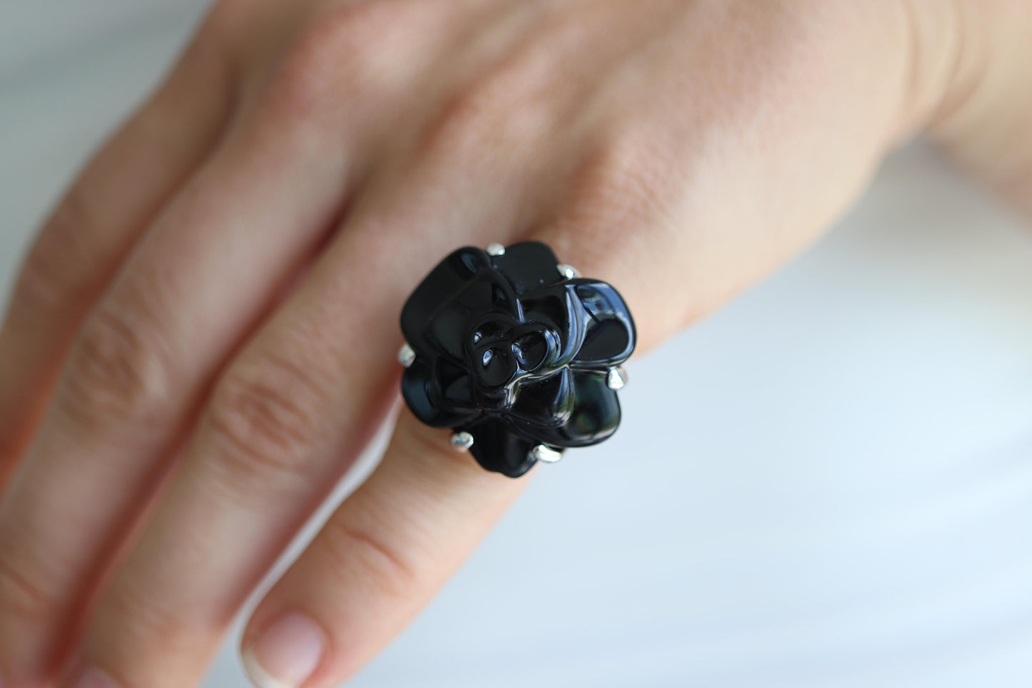 Chanel Camelia Ring. Genuine CHANEL 18k 750 Camelia Onyx Ring. Size 48.