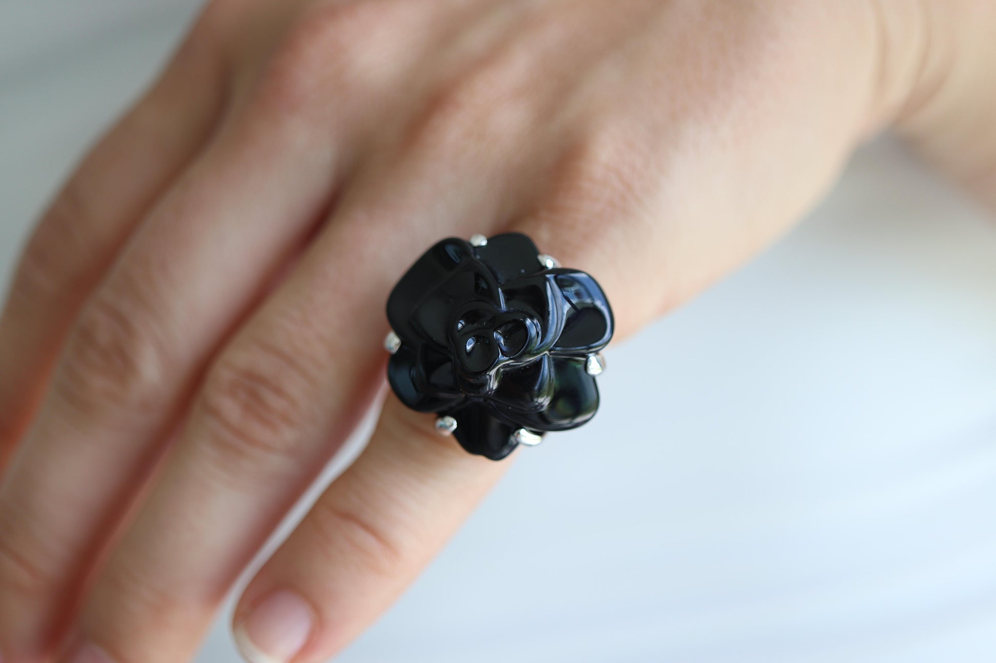 Chanel Camelia Ring. Genuine CHANEL 18k 750 Camelia Onyx Ring. Size 48.