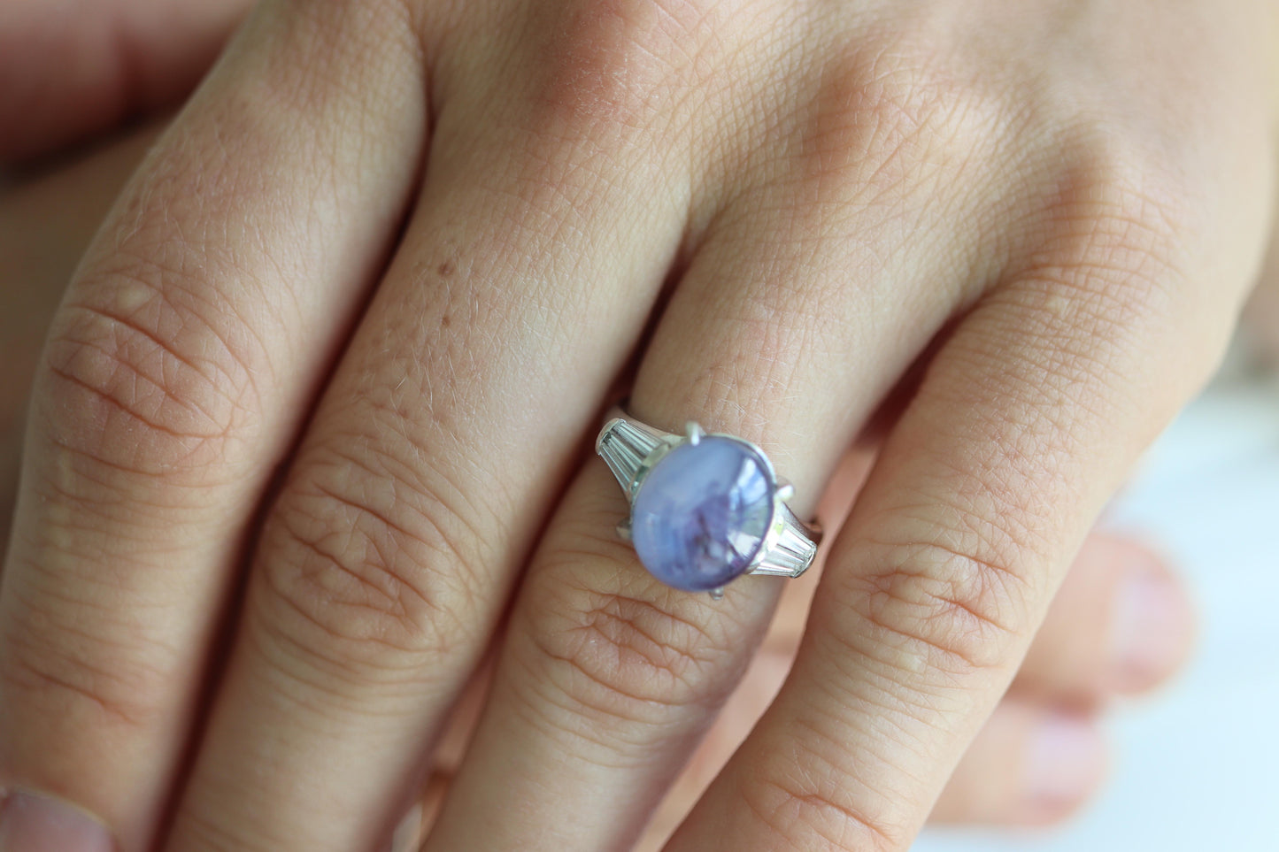 14k Purple Star Sapphire Natural Oval Cabochon ring. Sapphire Diamond ring.
