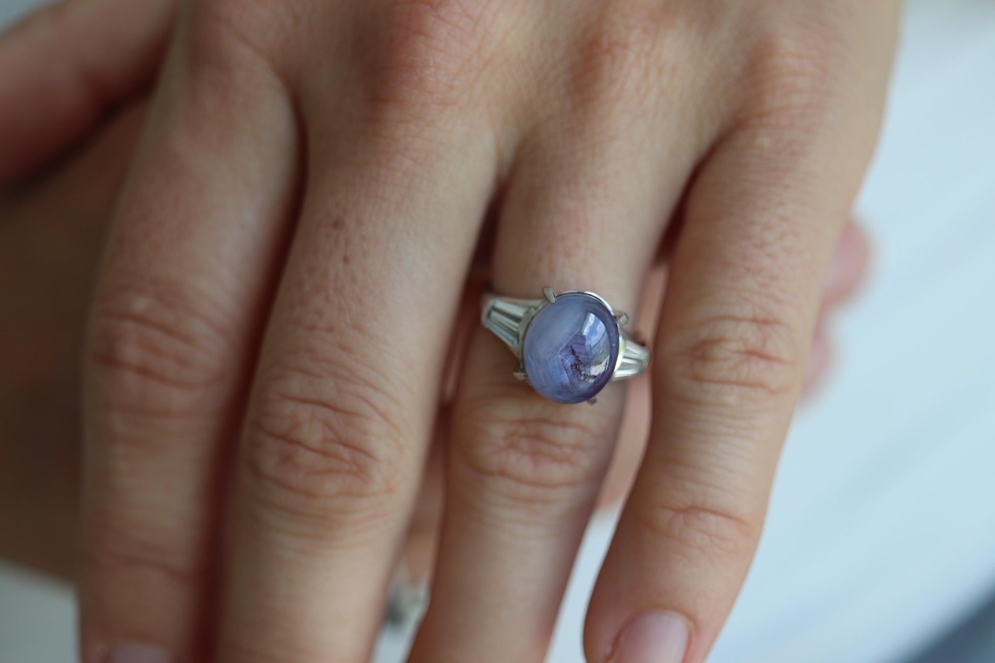 14k Purple Star Sapphire Natural Oval Cabochon ring. Sapphire Diamond ring.