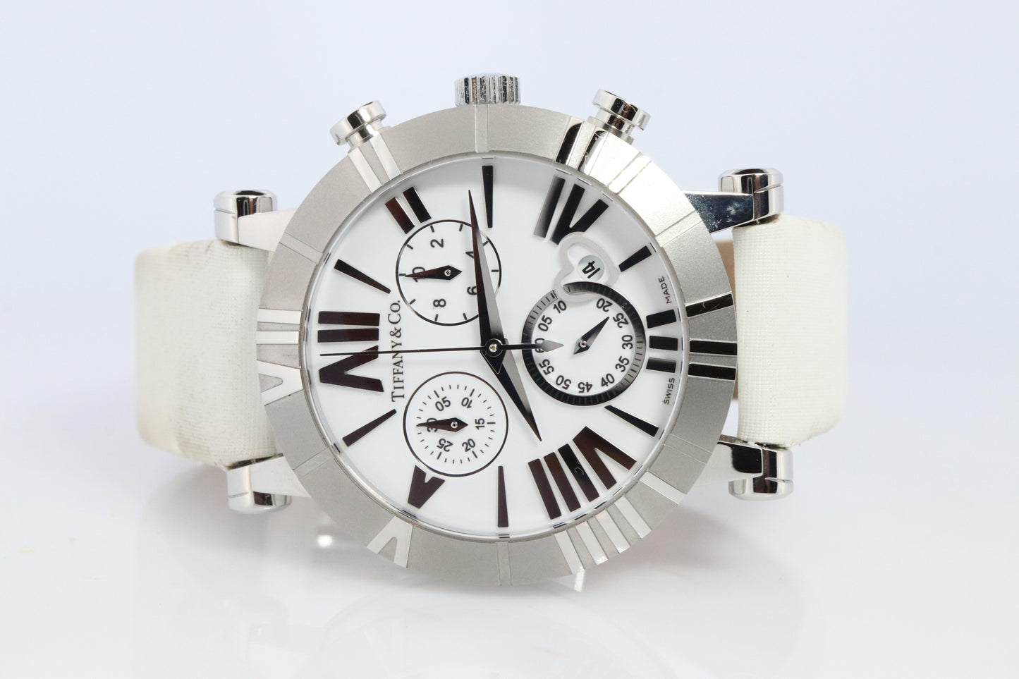 Tiffany and Co Watch. SS and Ceramic Tiffany Atlas Chrono Ladies Watch.