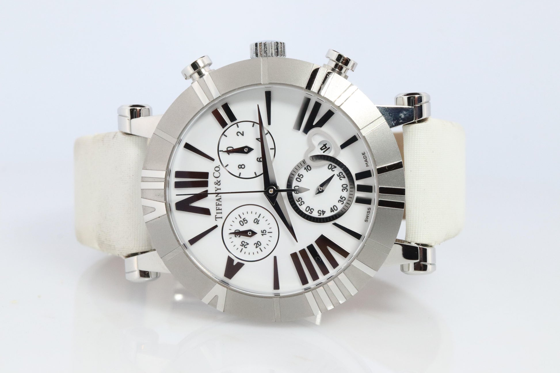 Tiffany and Co Watch. SS and Ceramic Tiffany Atlas Chrono Ladies Watch.