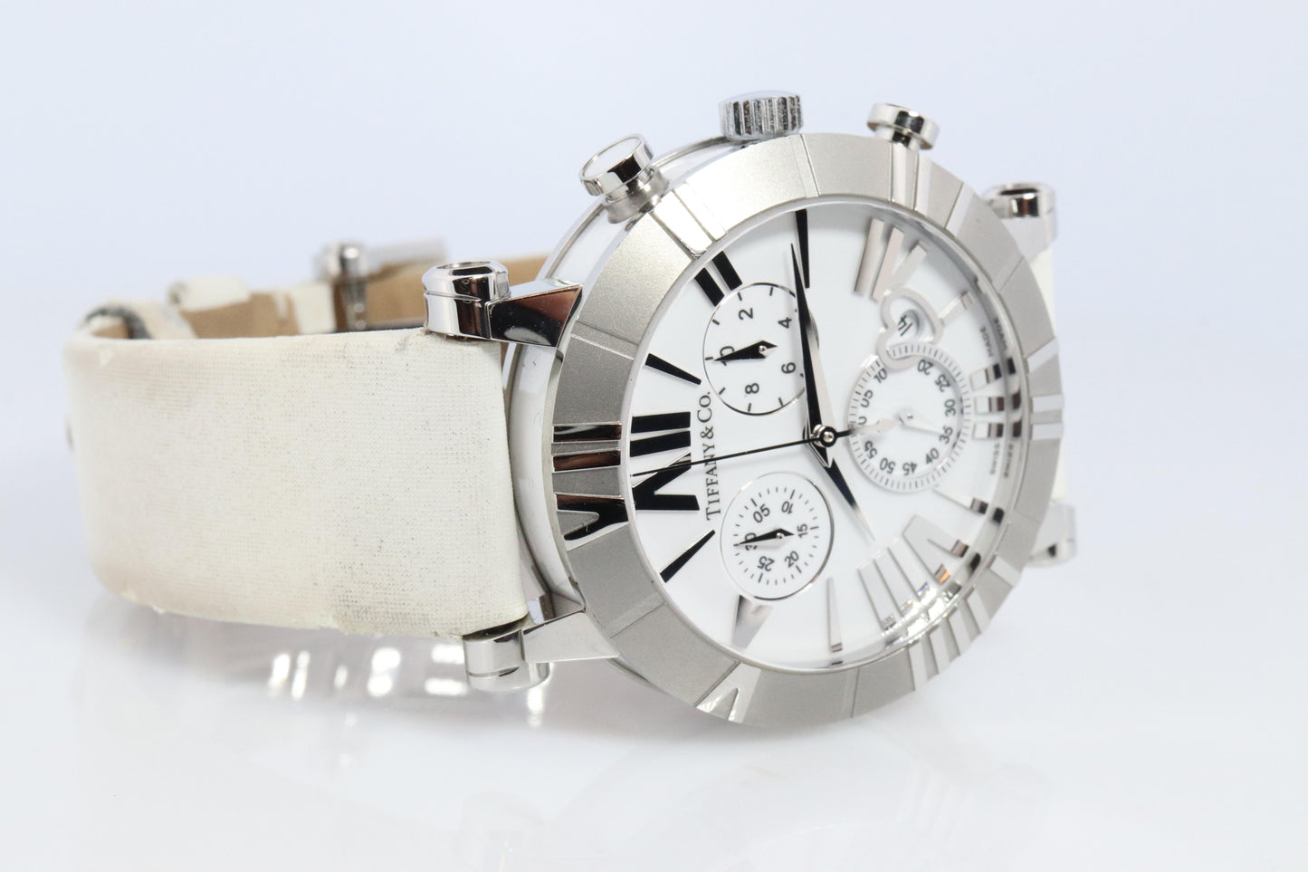 Tiffany and Co Watch. SS and Ceramic Tiffany Atlas Chrono Ladies Watch.