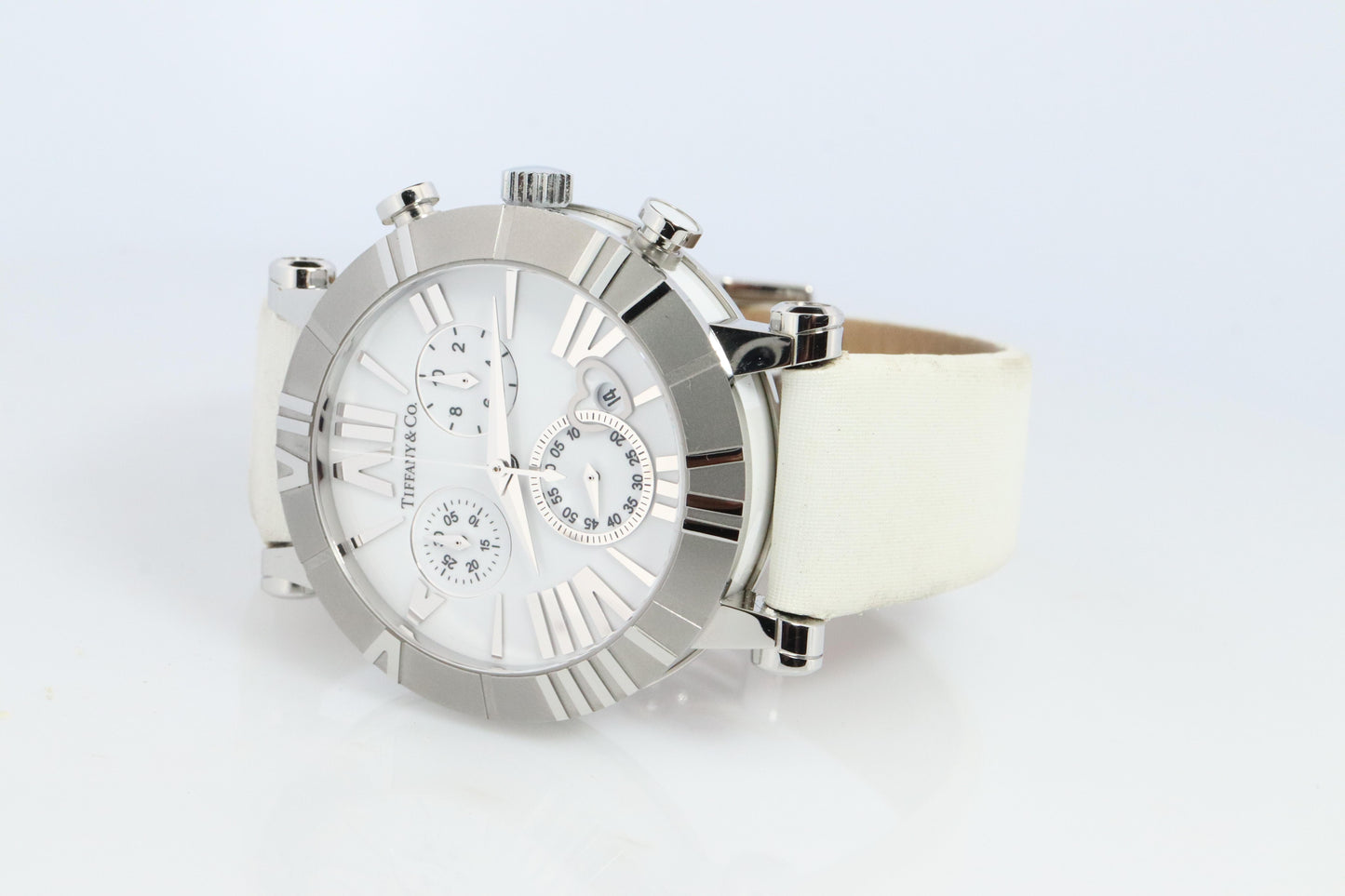 Tiffany and Co Watch. SS and Ceramic Tiffany Atlas Chrono Ladies Watch.