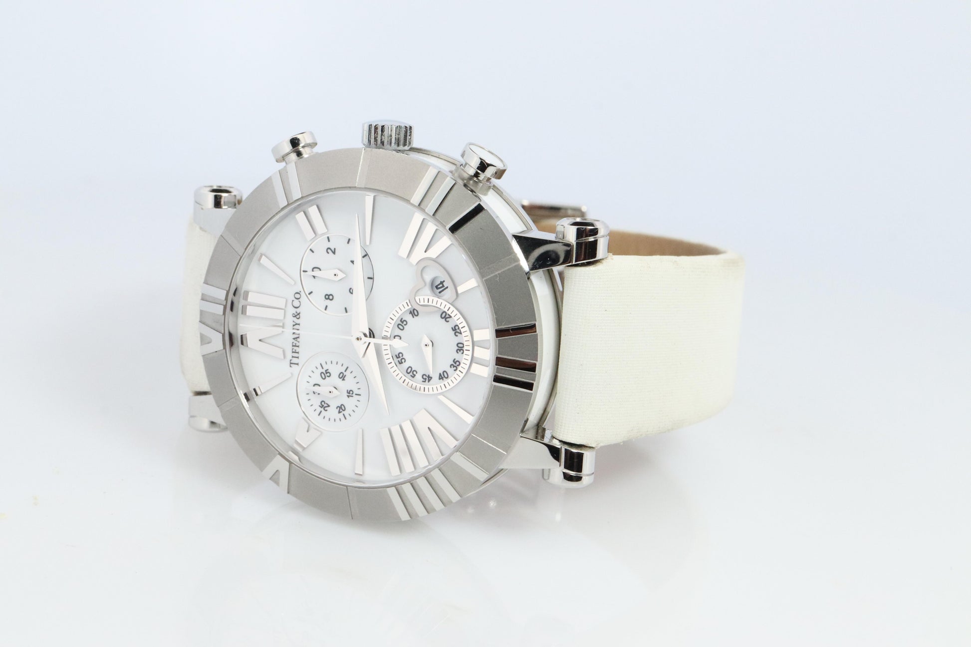 Tiffany and Co Watch. SS and Ceramic Tiffany Atlas Chrono Ladies Watch.