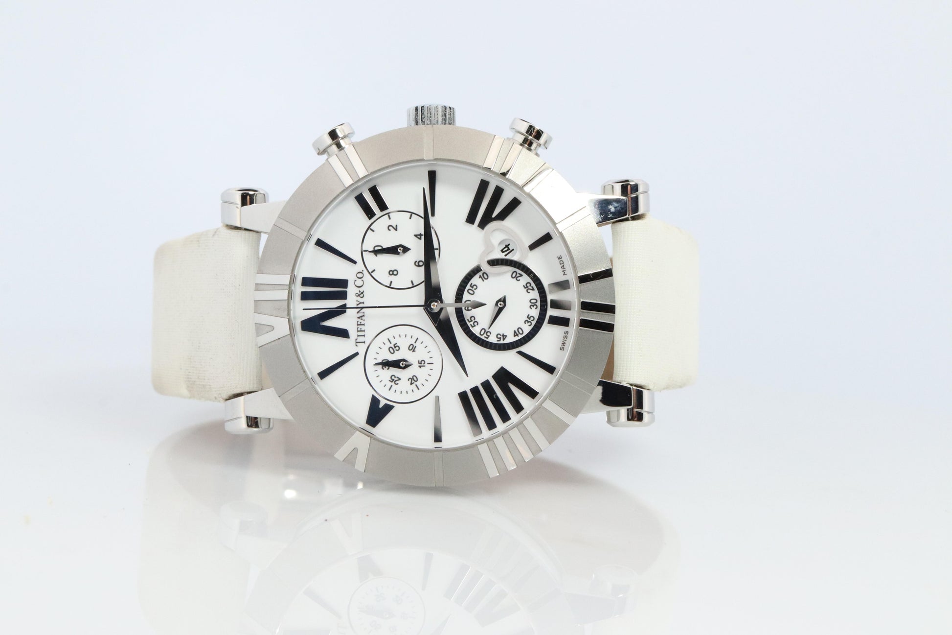 Tiffany and Co Watch. SS and Ceramic Tiffany Atlas Chrono Ladies Watch.