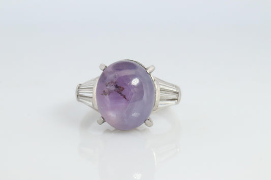 14k Purple Star Sapphire Natural Oval Cabochon ring. Sapphire Diamond ring.