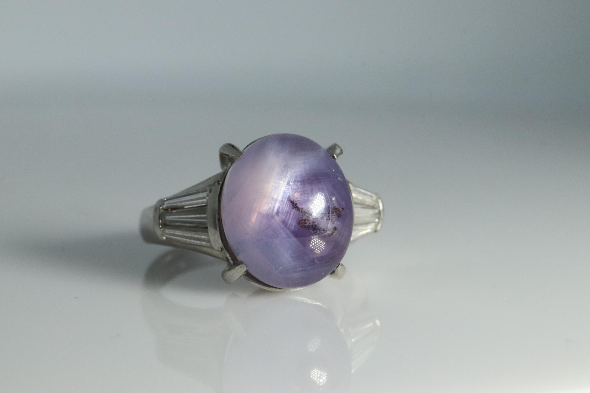14k Purple Star Sapphire Natural Oval Cabochon ring. Sapphire Diamond ring.