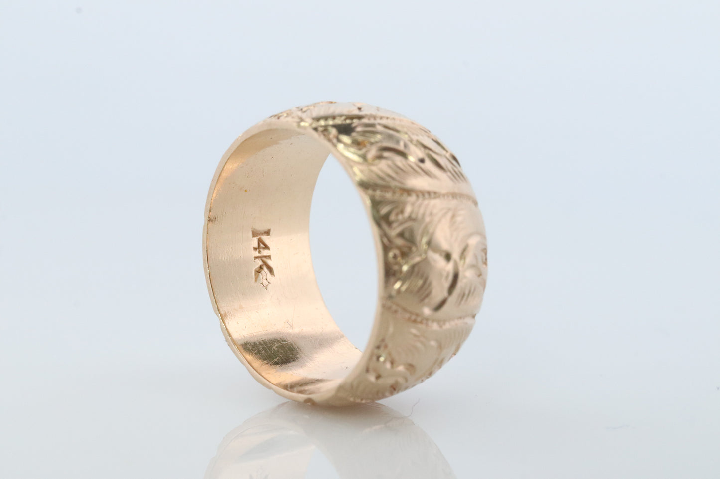 14k Heavy, Wide, Engraved, Ornate Band. 14k Flower Engraved Band. Sz7.5 9.2grams 10mm wide