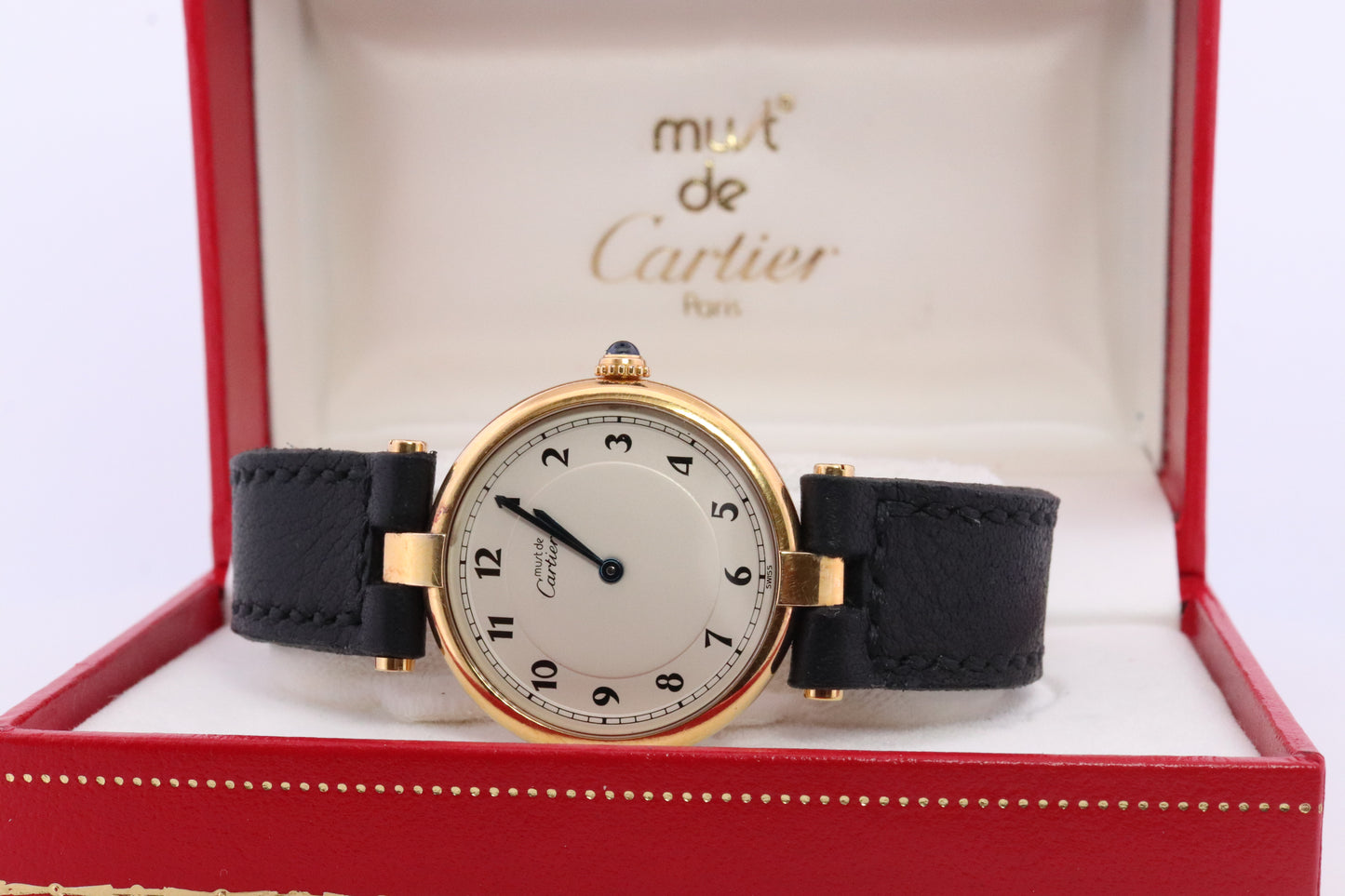 Vintage Must de Cartier 30mm Vendome Watch. ARGENT Cartier 925 Vermeil Quartz Ardent ROUND Swiss Made. Original Paperwork st(1-0-92)