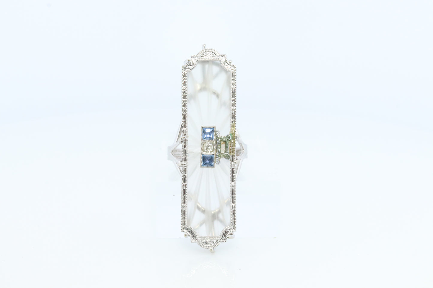 14k Camphor Glass Diamond Princess Sapphire ring. Art Deco Filigree Frosted Rock Crystal Ring with a diamond and Sapphire. st(322)