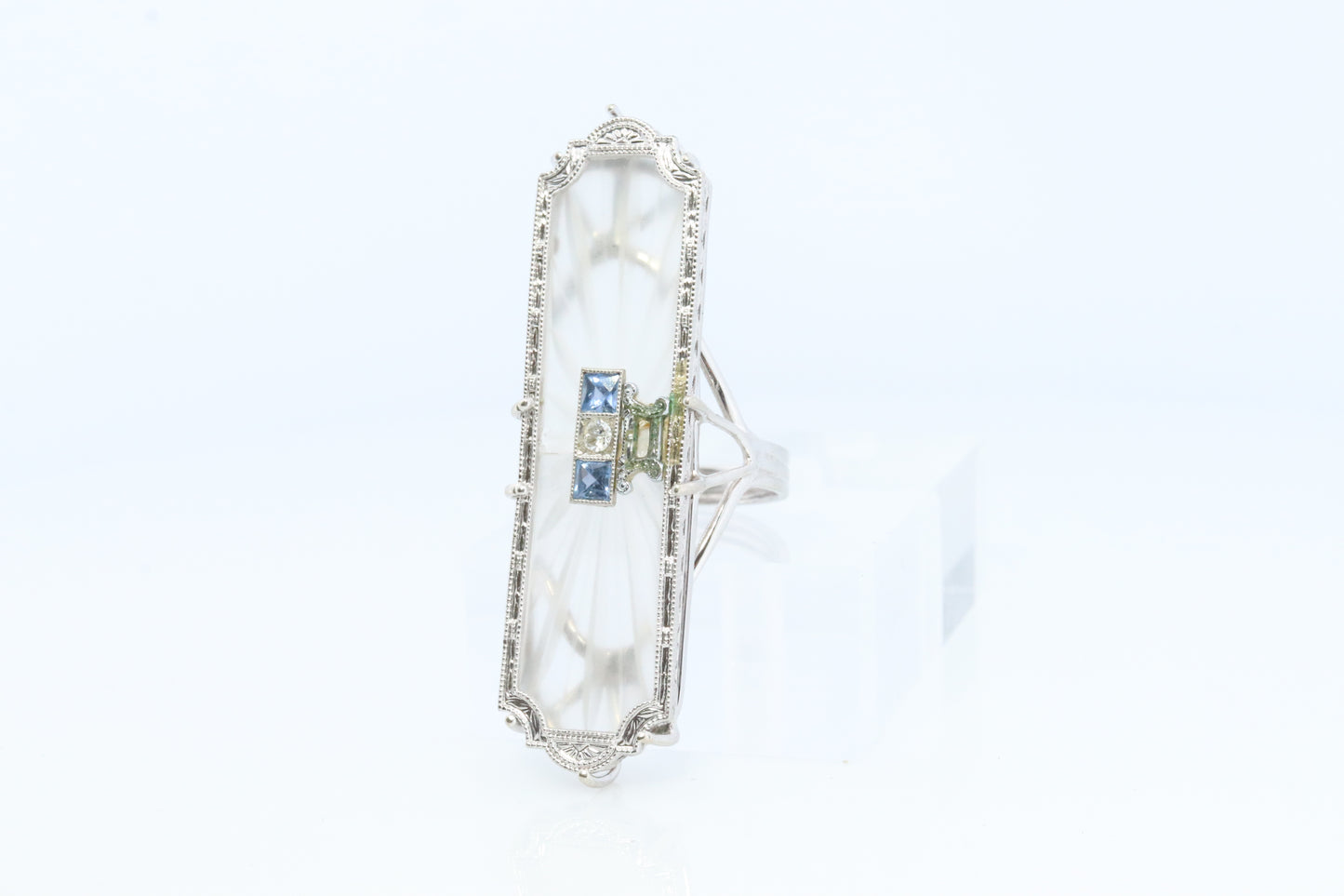 14k Camphor Glass Diamond Princess Sapphire ring. Art Deco Filigree Frosted Rock Crystal Ring with a diamond and Sapphire. st(322)