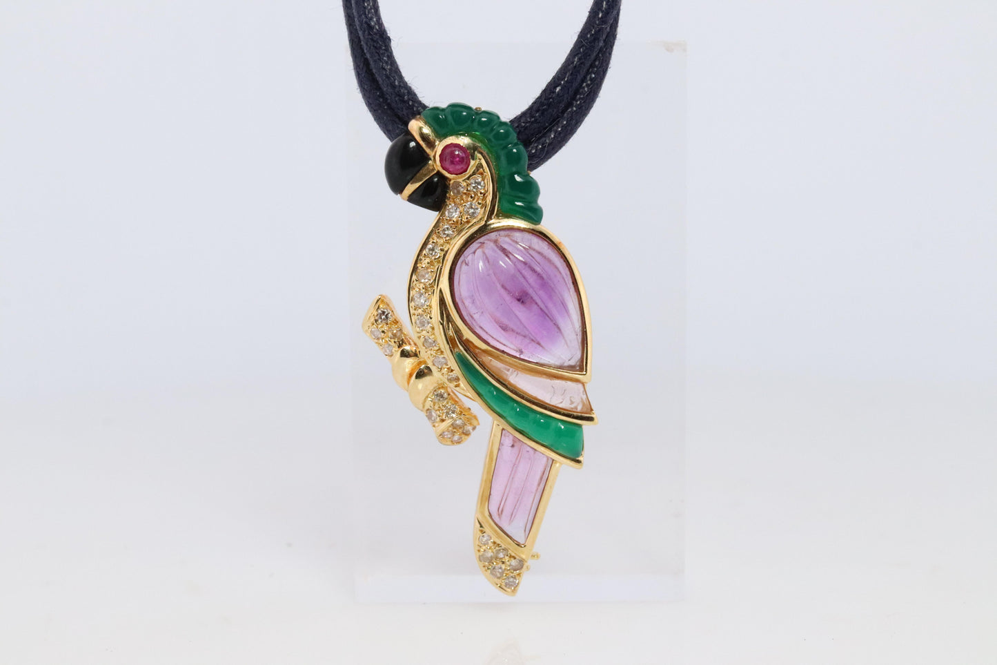 18k Parrot Colorful Pendant, Necklace Brooch. Diamond Ruby Onyx Amethyst Bird