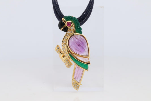 18k Parrot Colorful Pendant, Necklace Brooch. Diamond Ruby Onyx Amethyst Bird