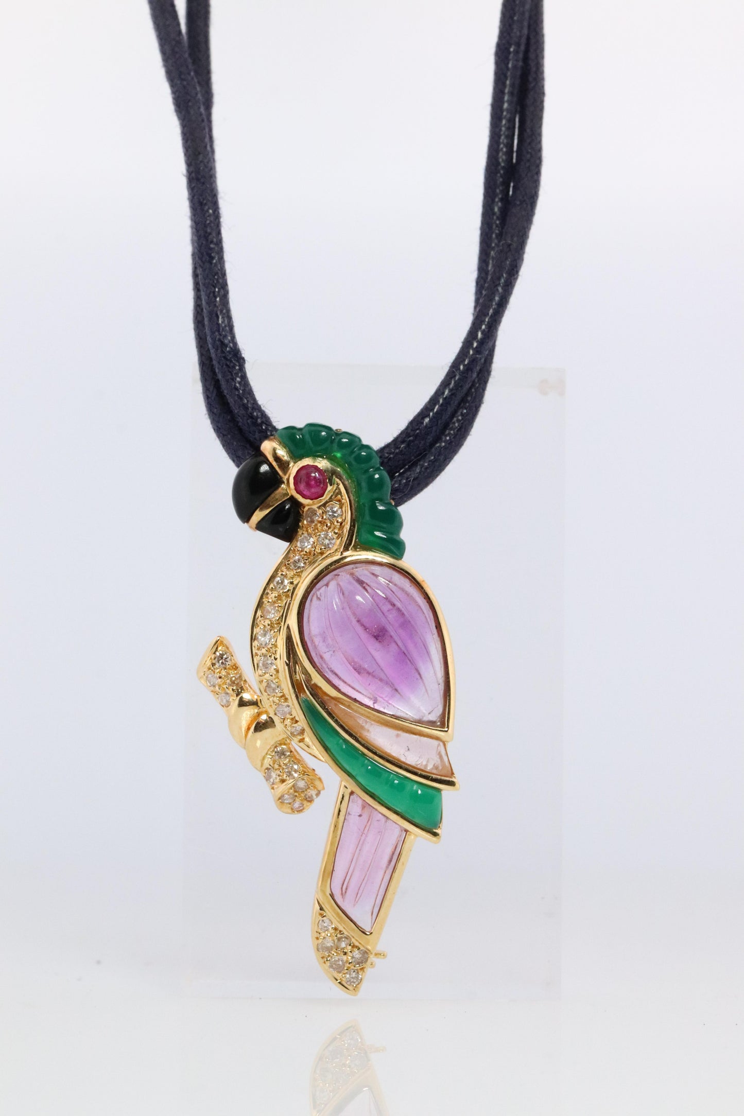 18k Parrot Colorful Pendant, Necklace Brooch. Diamond Ruby Onyx Amethyst Bird