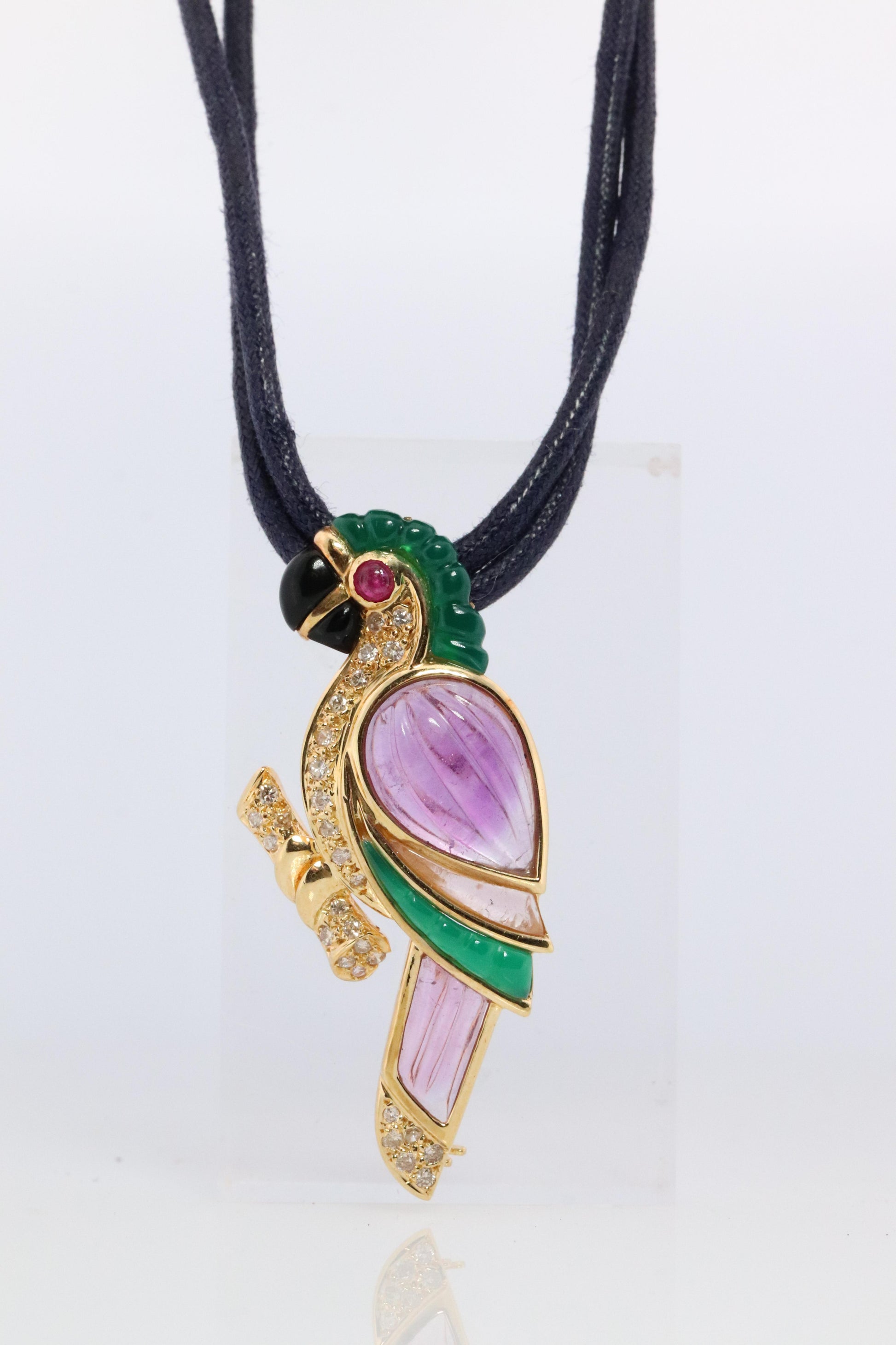 18k Parrot Colorful Pendant, Necklace Brooch. Diamond Ruby Onyx Amethyst Bird