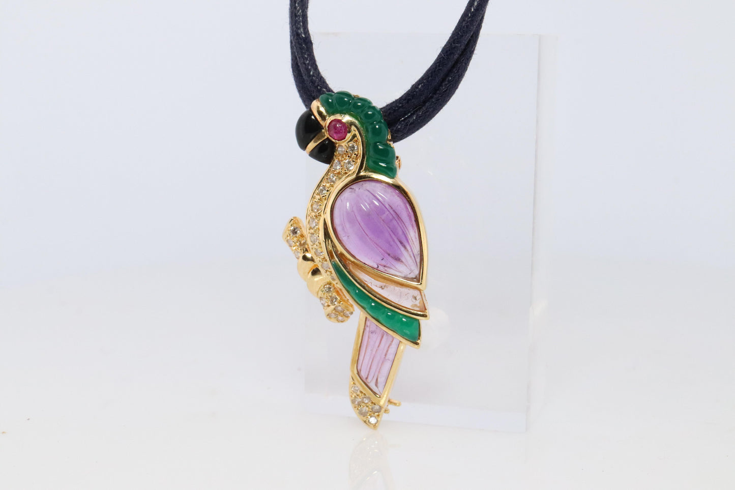 18k Parrot Colorful Pendant, Necklace Brooch. Diamond Ruby Onyx Amethyst Bird
