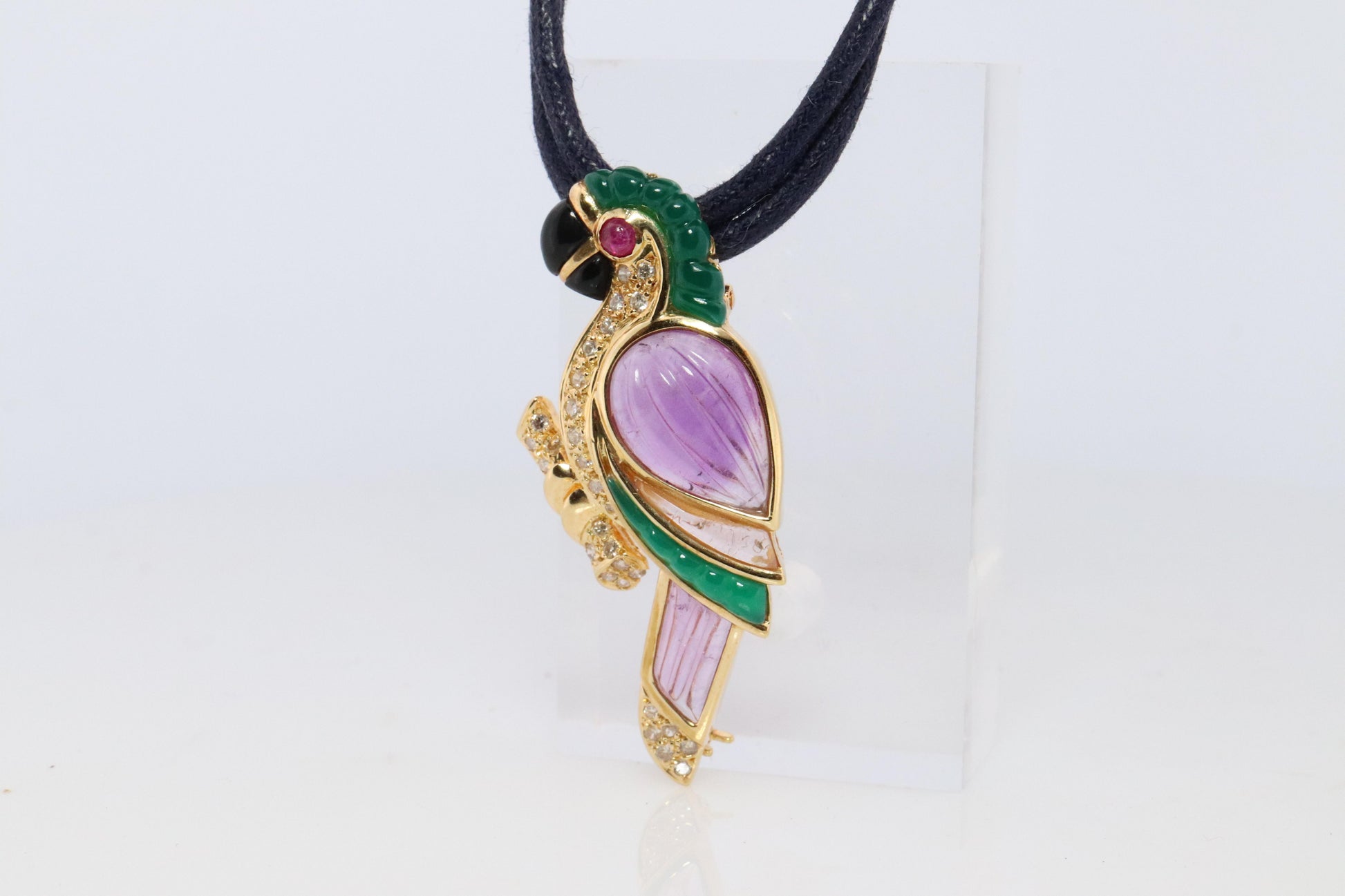 18k Parrot Colorful Pendant, Necklace Brooch. Diamond Ruby Onyx Amethyst Bird