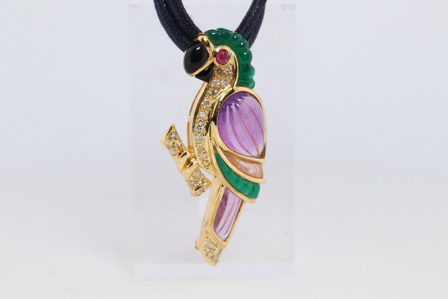 18k Parrot Colorful Pendant, Necklace Brooch. Diamond Ruby Onyx Amethyst Bird