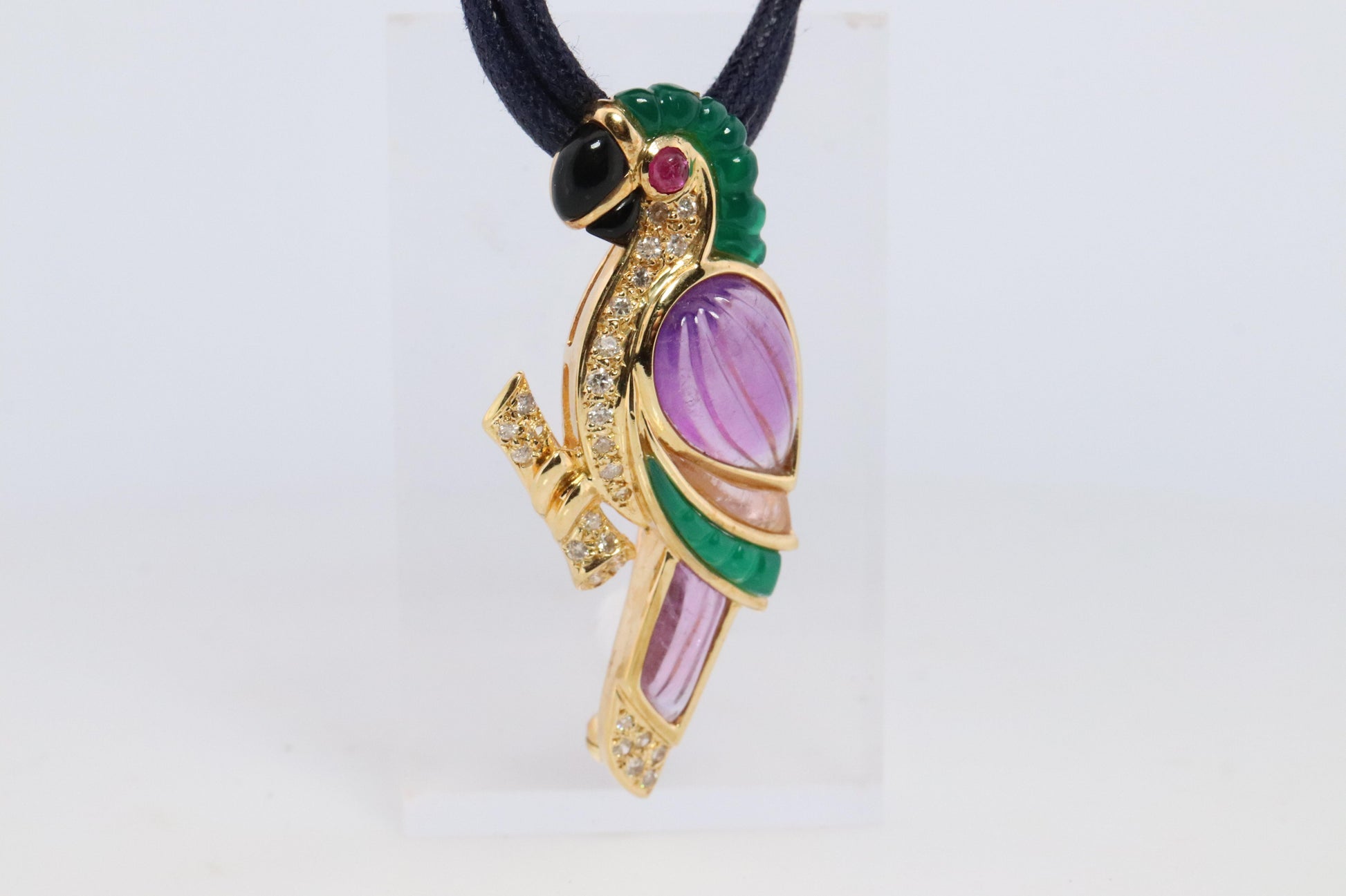 18k Parrot Colorful Pendant, Necklace Brooch. Diamond Ruby Onyx Amethyst Bird