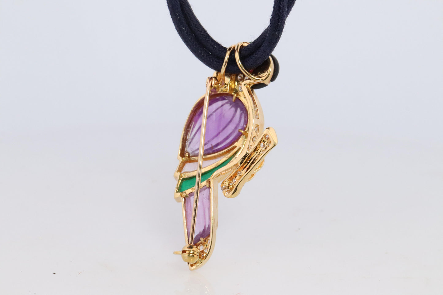18k Parrot Colorful Pendant, Necklace Brooch. Diamond Ruby Onyx Amethyst Bird