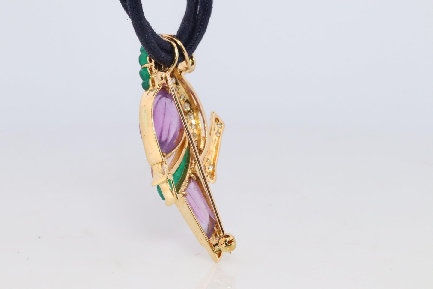 18k Parrot Colorful Pendant, Necklace Brooch. Diamond Ruby Onyx Amethyst Bird