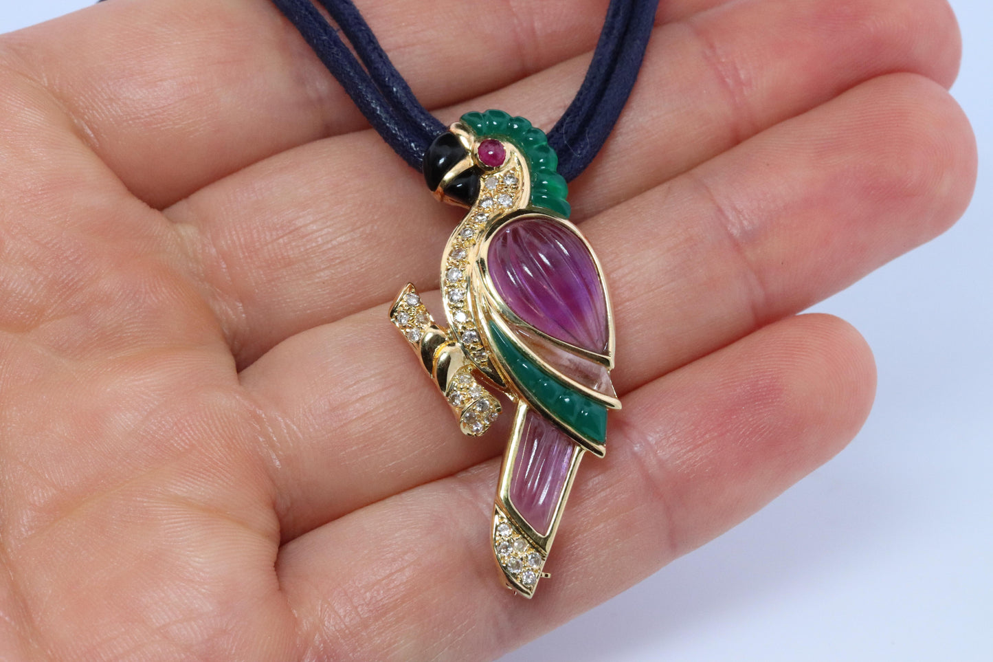 18k Parrot Colorful Pendant, Necklace Brooch. Diamond Ruby Onyx Amethyst Bird