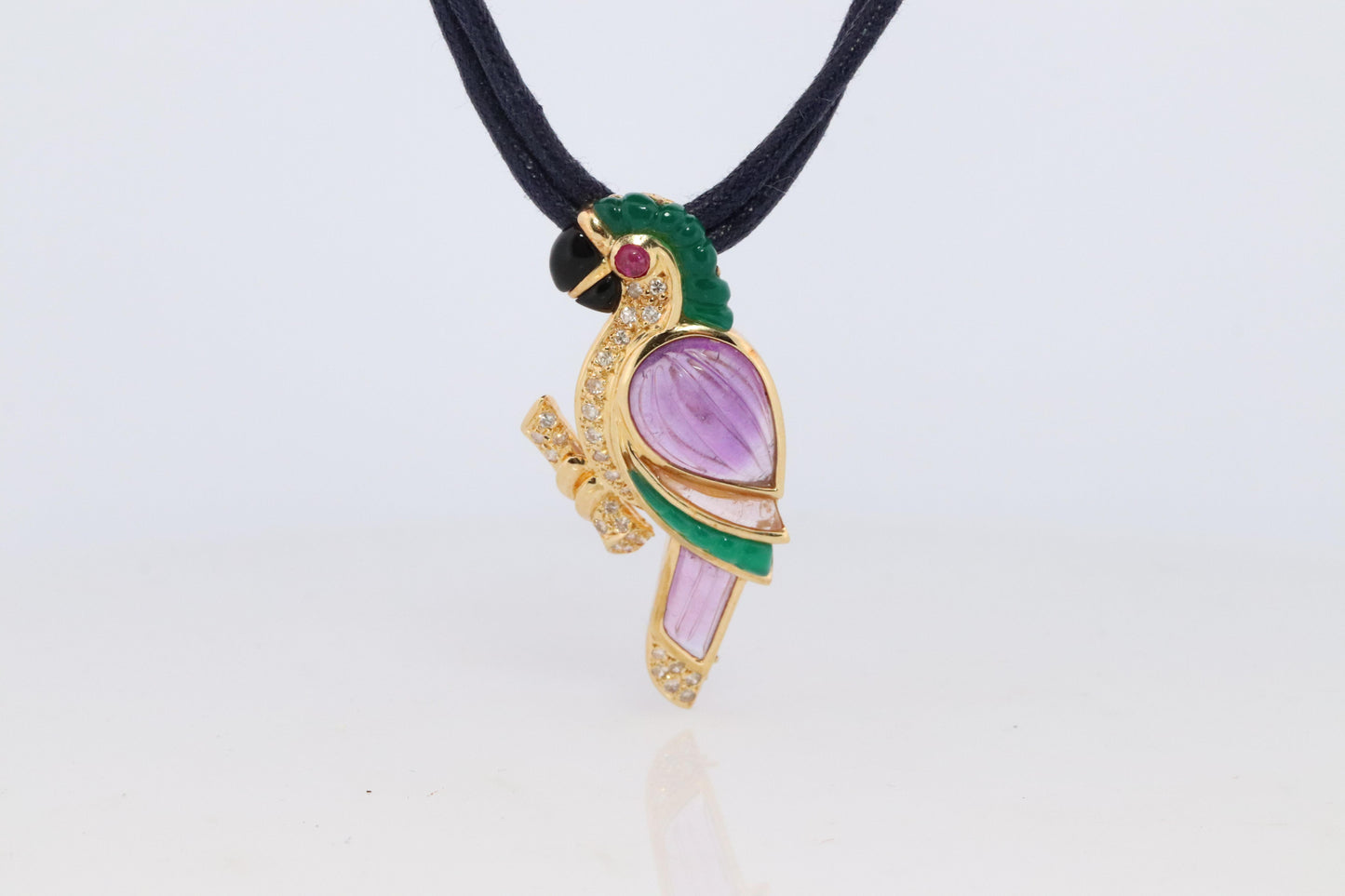 18k Parrot Colorful Pendant, Necklace Brooch. Diamond Ruby Onyx Amethyst Bird
