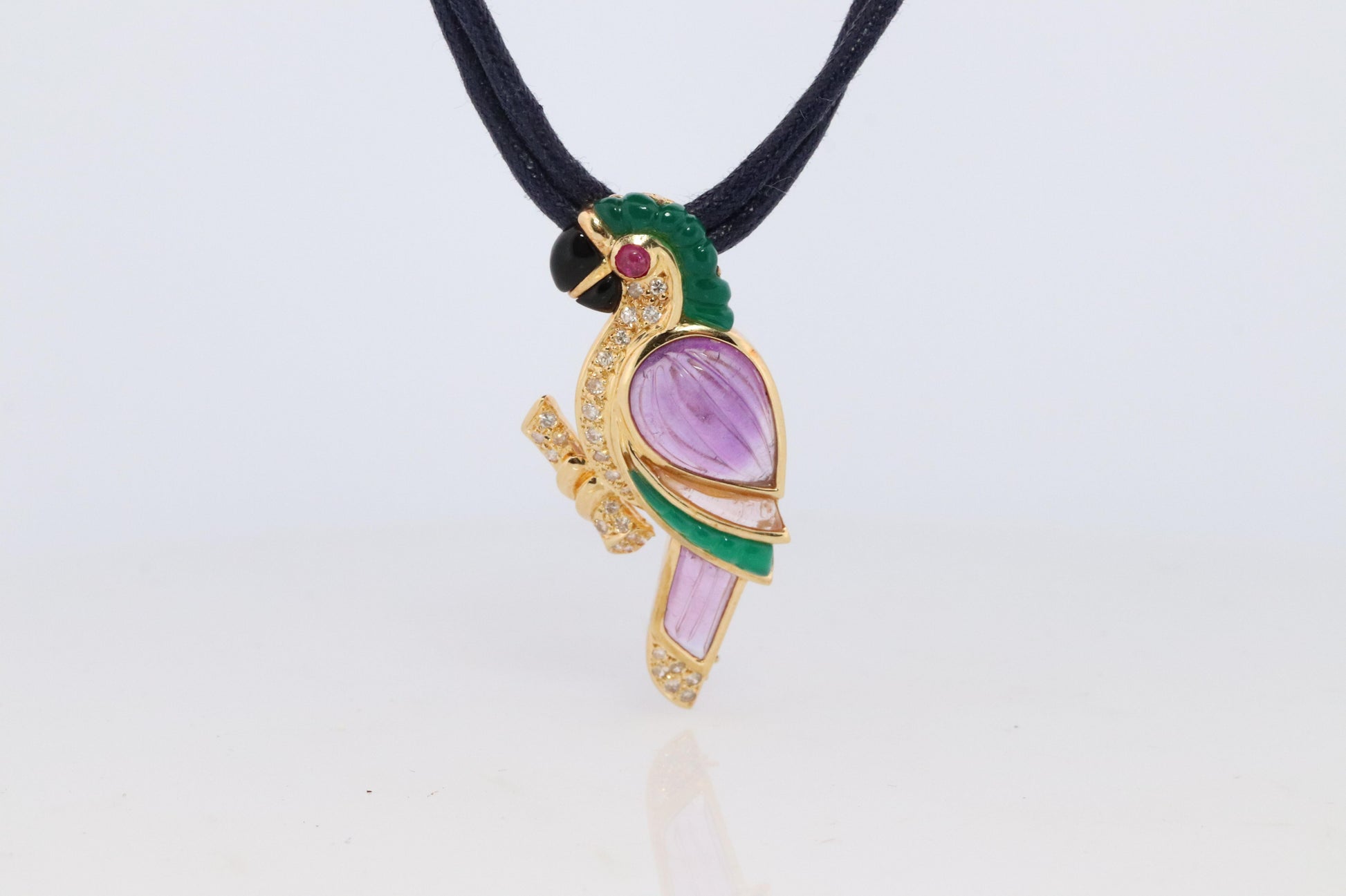 18k Parrot Colorful Pendant, Necklace Brooch. Diamond Ruby Onyx Amethyst Bird