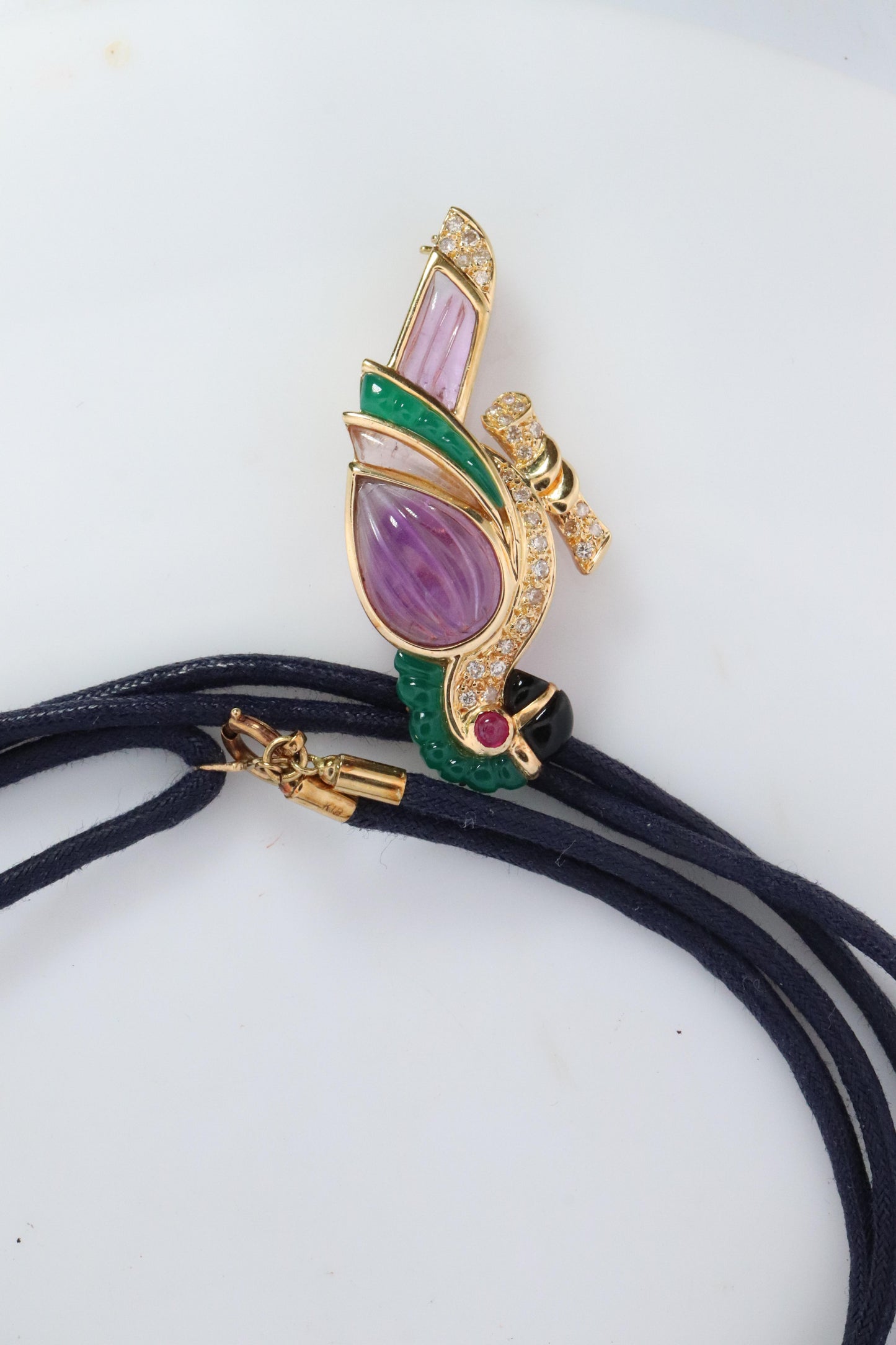 18k Parrot Colorful Pendant, Necklace Brooch. Diamond Ruby Onyx Amethyst Bird