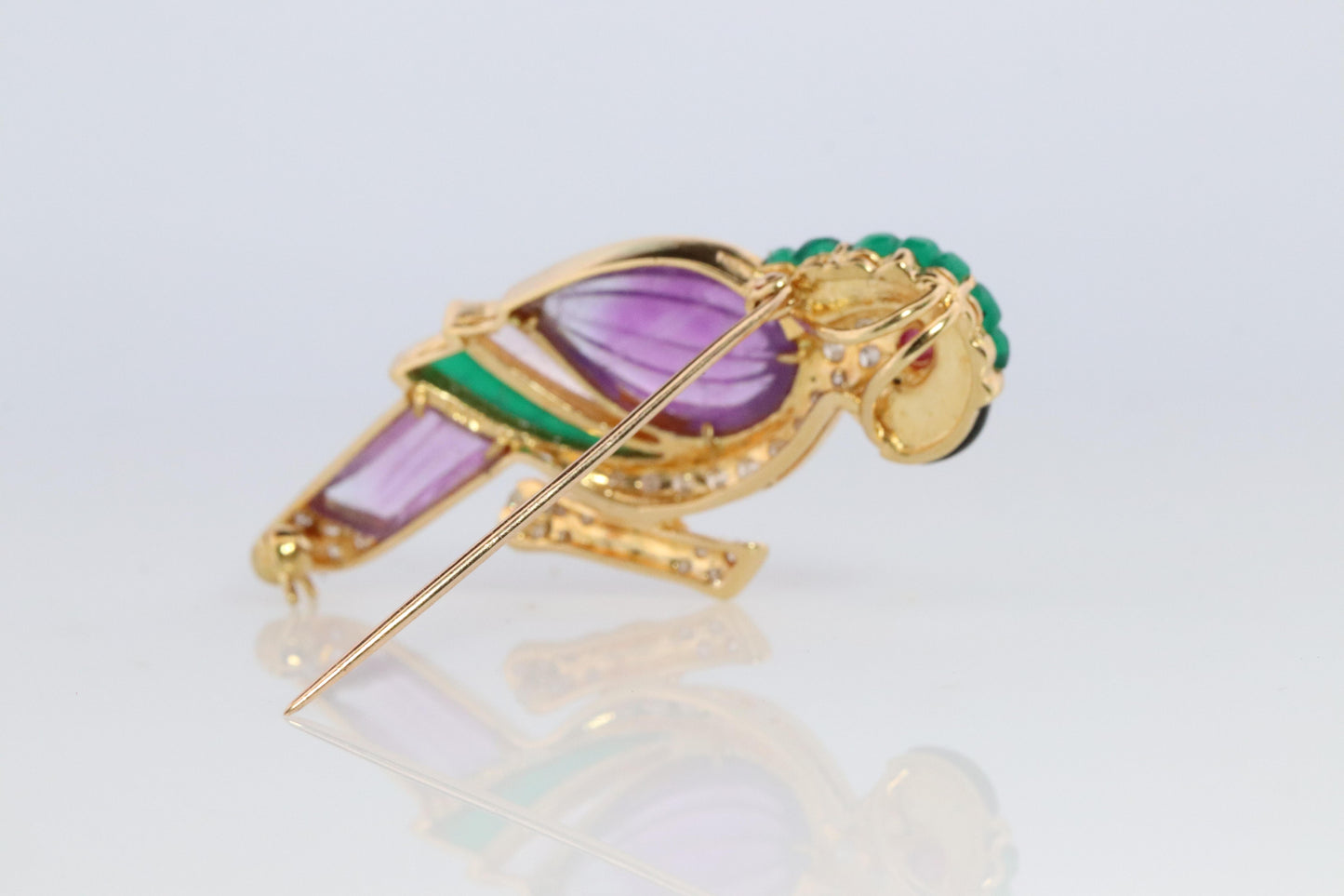 18k Parrot Colorful Pendant, Necklace Brooch. Diamond Ruby Onyx Amethyst Bird