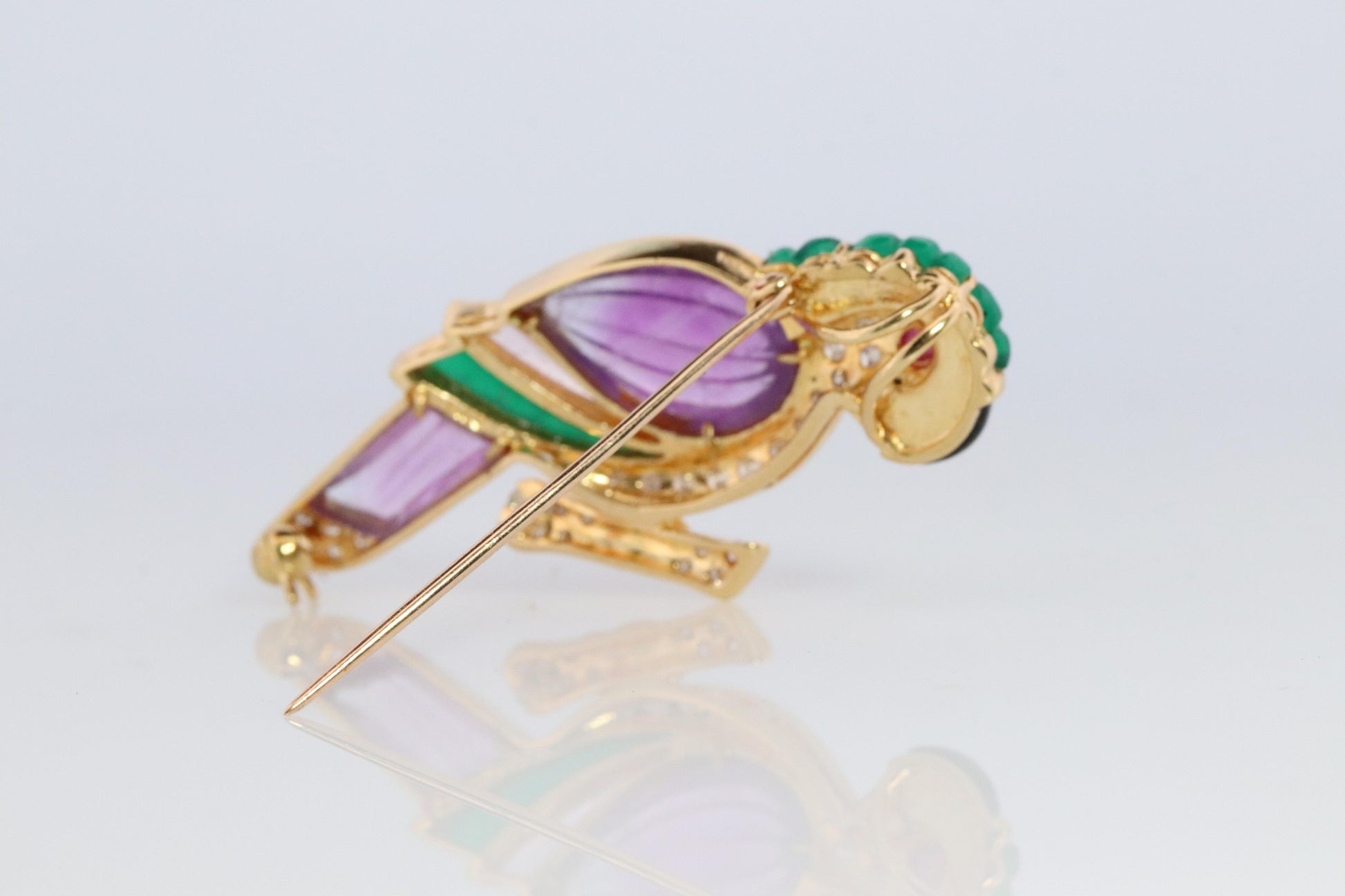18k Parrot Colorful Pendant, Necklace Brooch. Diamond Ruby Onyx Amethyst Bird