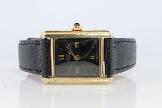 Vintage Must de Cartier Tank Black Dial Watch Vermeil ARGENT Small Manual Tank