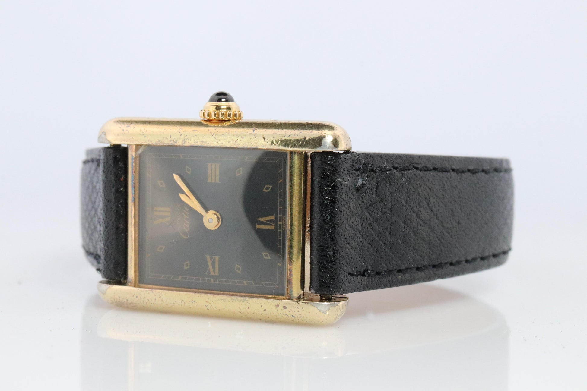 Vintage Must de Cartier Tank Black Dial Watch Vermeil ARGENT Small Manual Tank