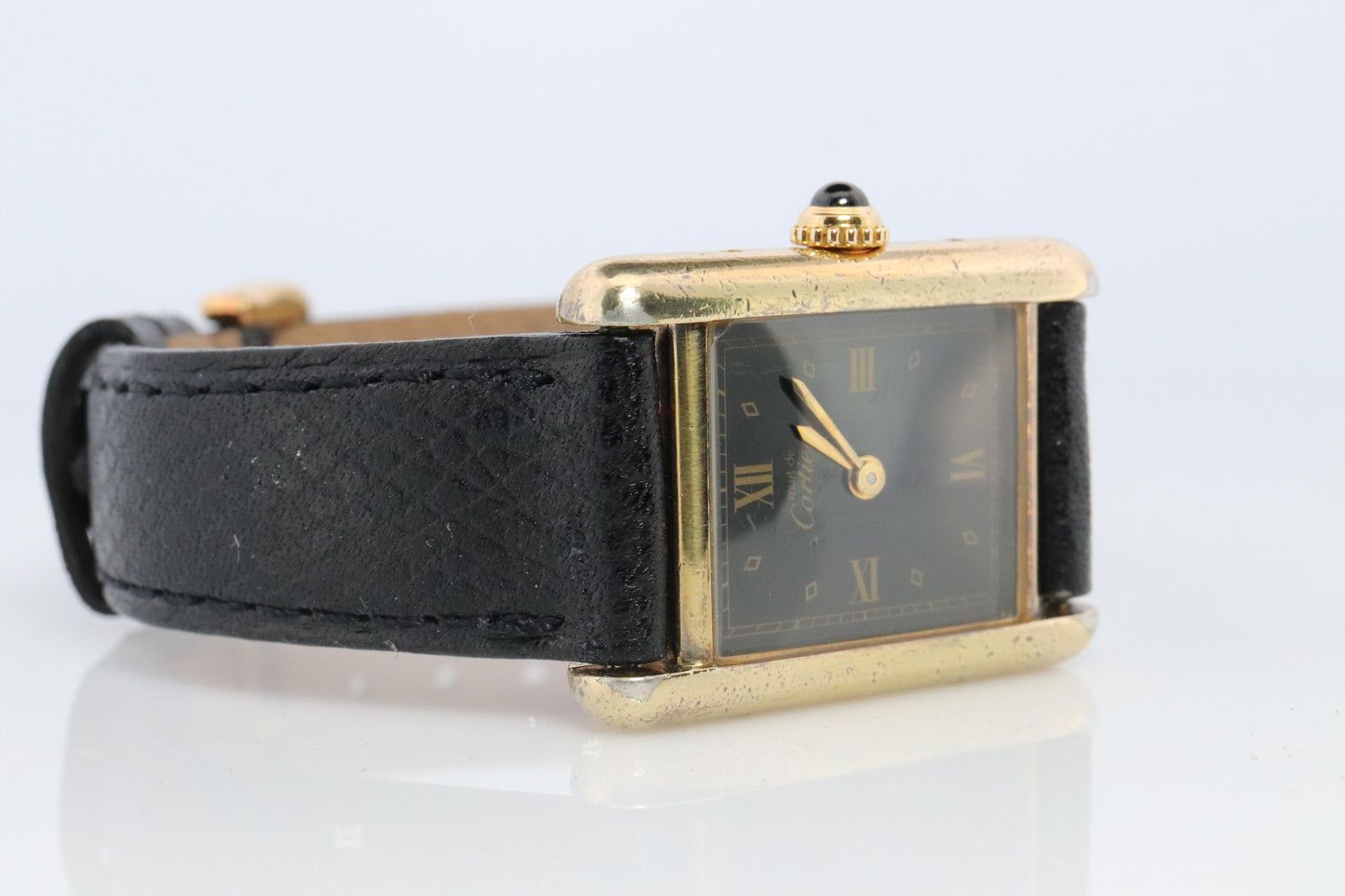 Vintage Must de Cartier Tank Black Dial Watch Vermeil ARGENT Small Manual Tank