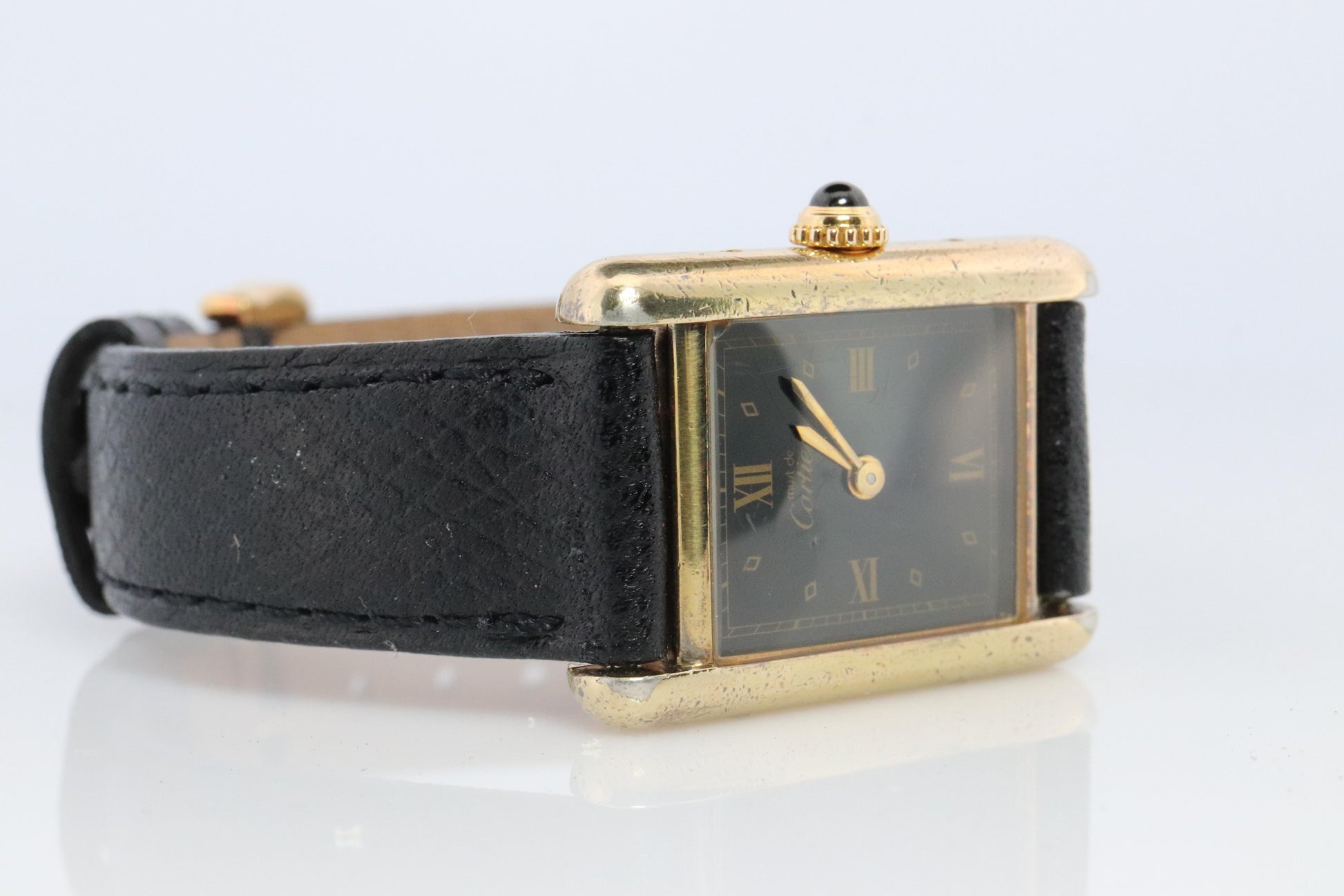 Vintage Must de Cartier Tank Black Dial Watch Vermeil ARGENT Small Manual Tank