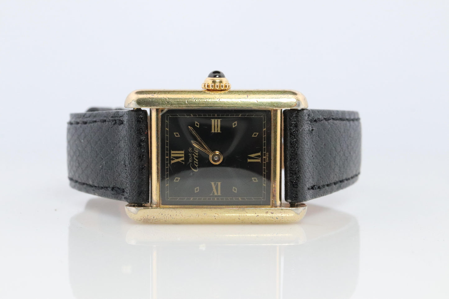 Vintage Must de Cartier Tank Black Dial Watch Vermeil ARGENT Small Manual Tank