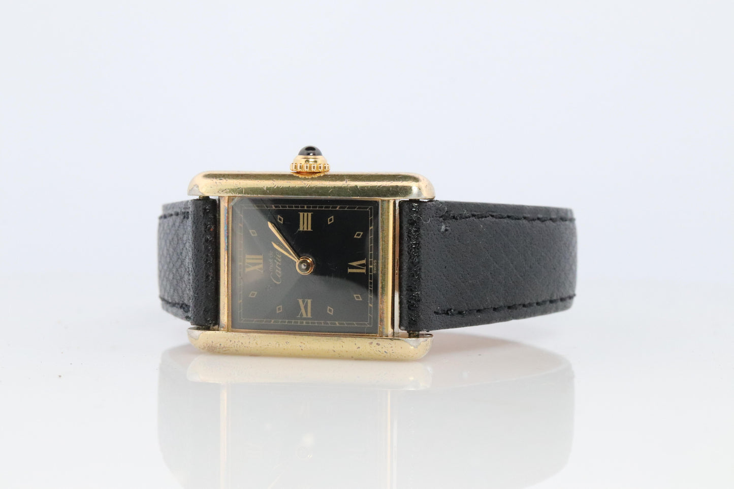 Vintage Must de Cartier Tank Black Dial Watch Vermeil ARGENT Small Manual Tank
