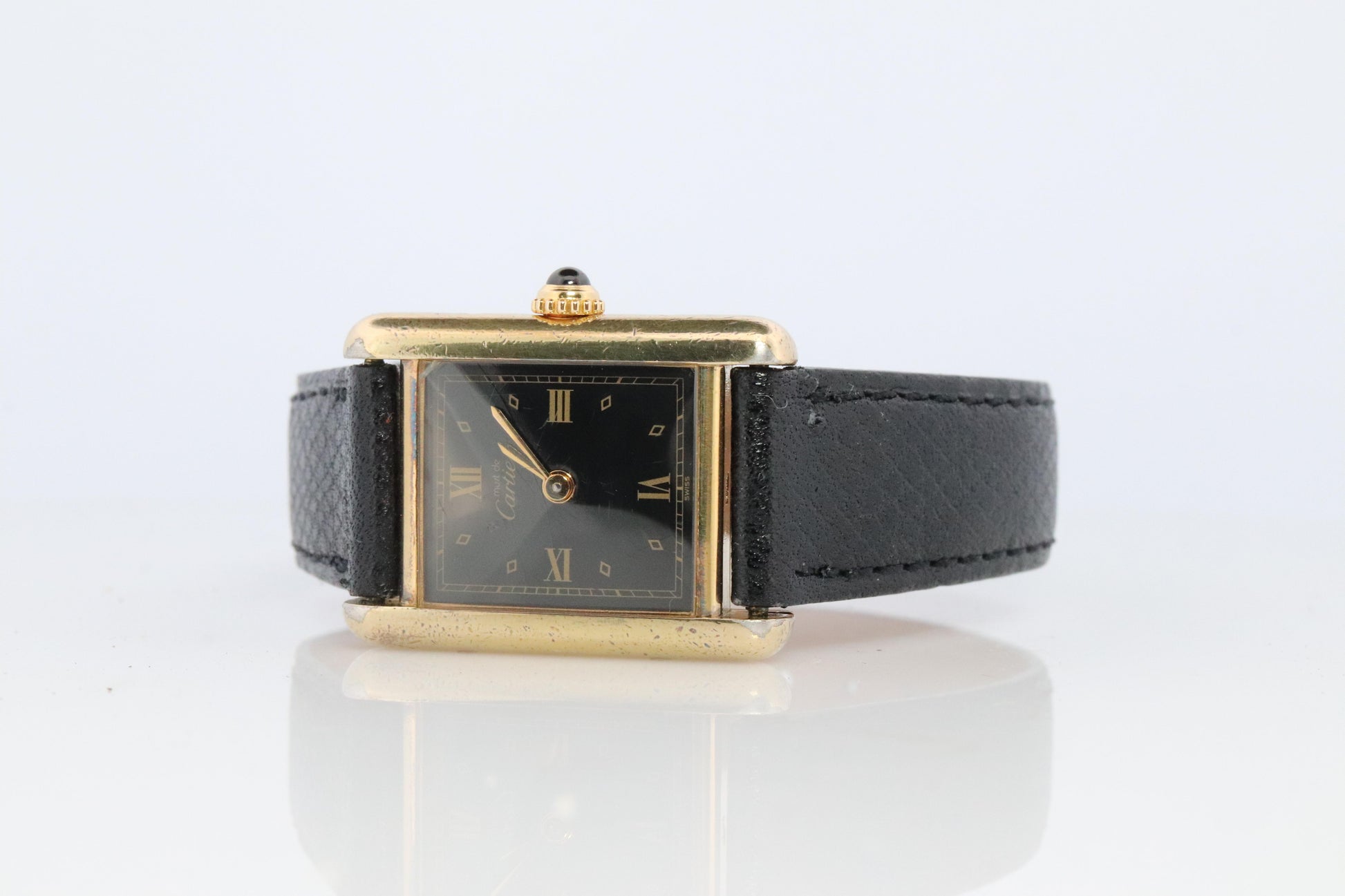Vintage Must de Cartier Tank Black Dial Watch Vermeil ARGENT Small Manual Tank