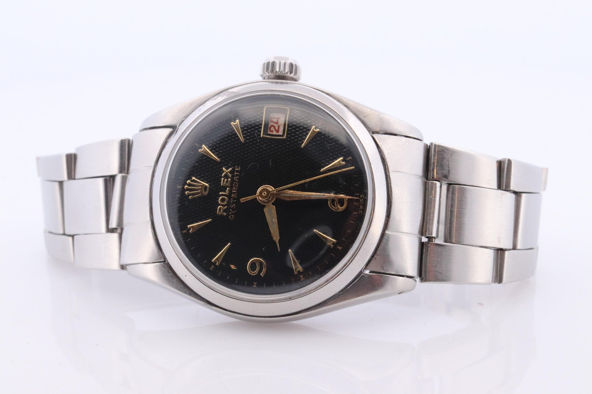 ROLEX Watch. Rolex ref. 6646 Rare Black Waffle Dial 1950s Mens Rolex watch.