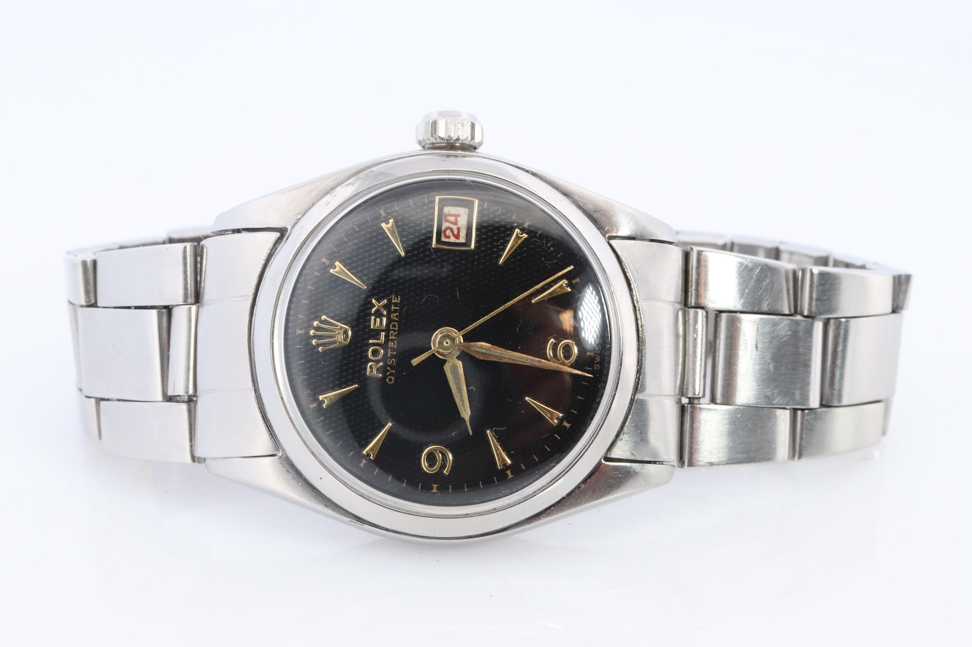 ROLEX Watch. Rolex ref. 6646 Rare Black Waffle Dial 1950s Mens Rolex watch.