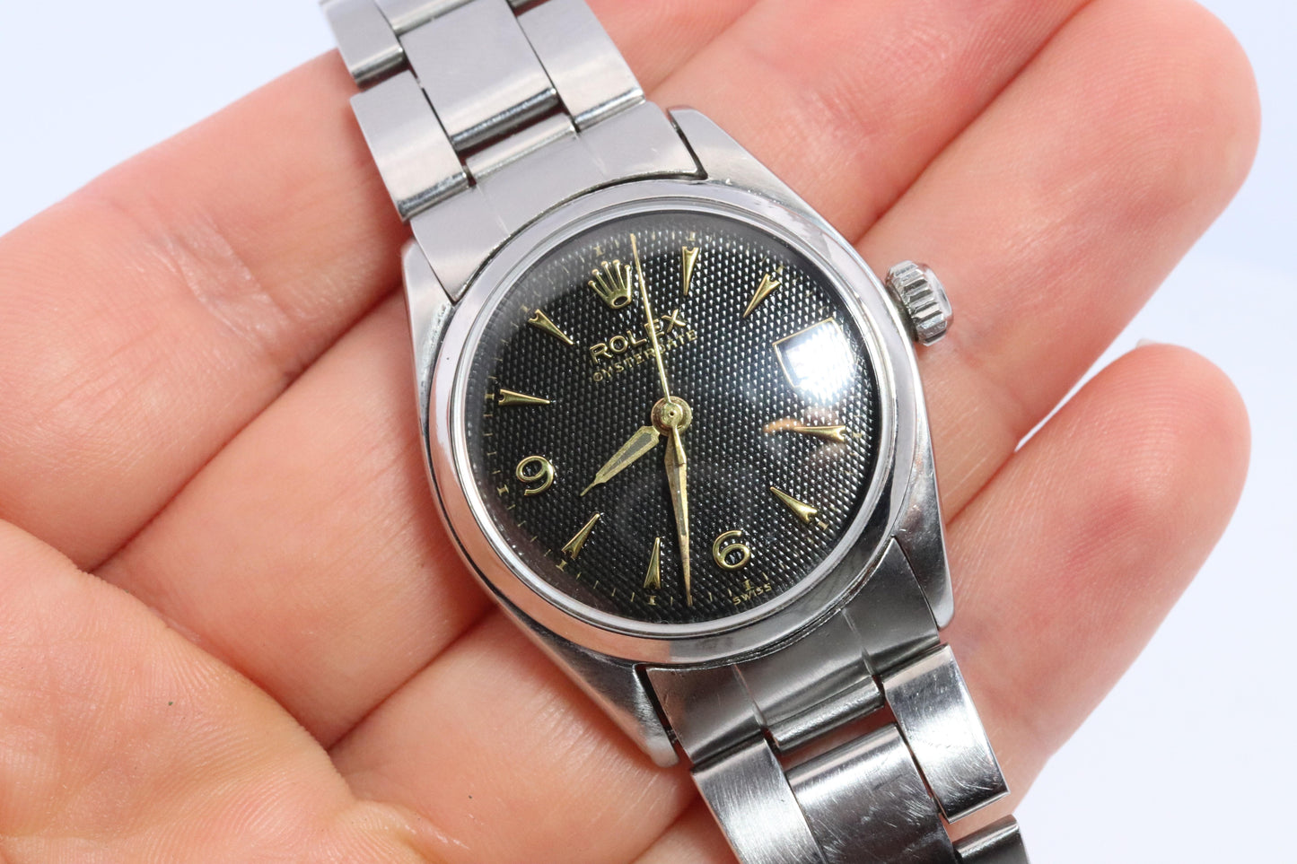 ROLEX Watch. Rolex ref. 6646 Rare Black Waffle Dial 1950s Mens Rolex watch.