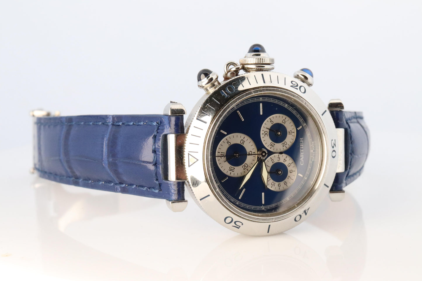 Vintage Cartier PASHA 1352 Chronograph. Rare Blue Dial.