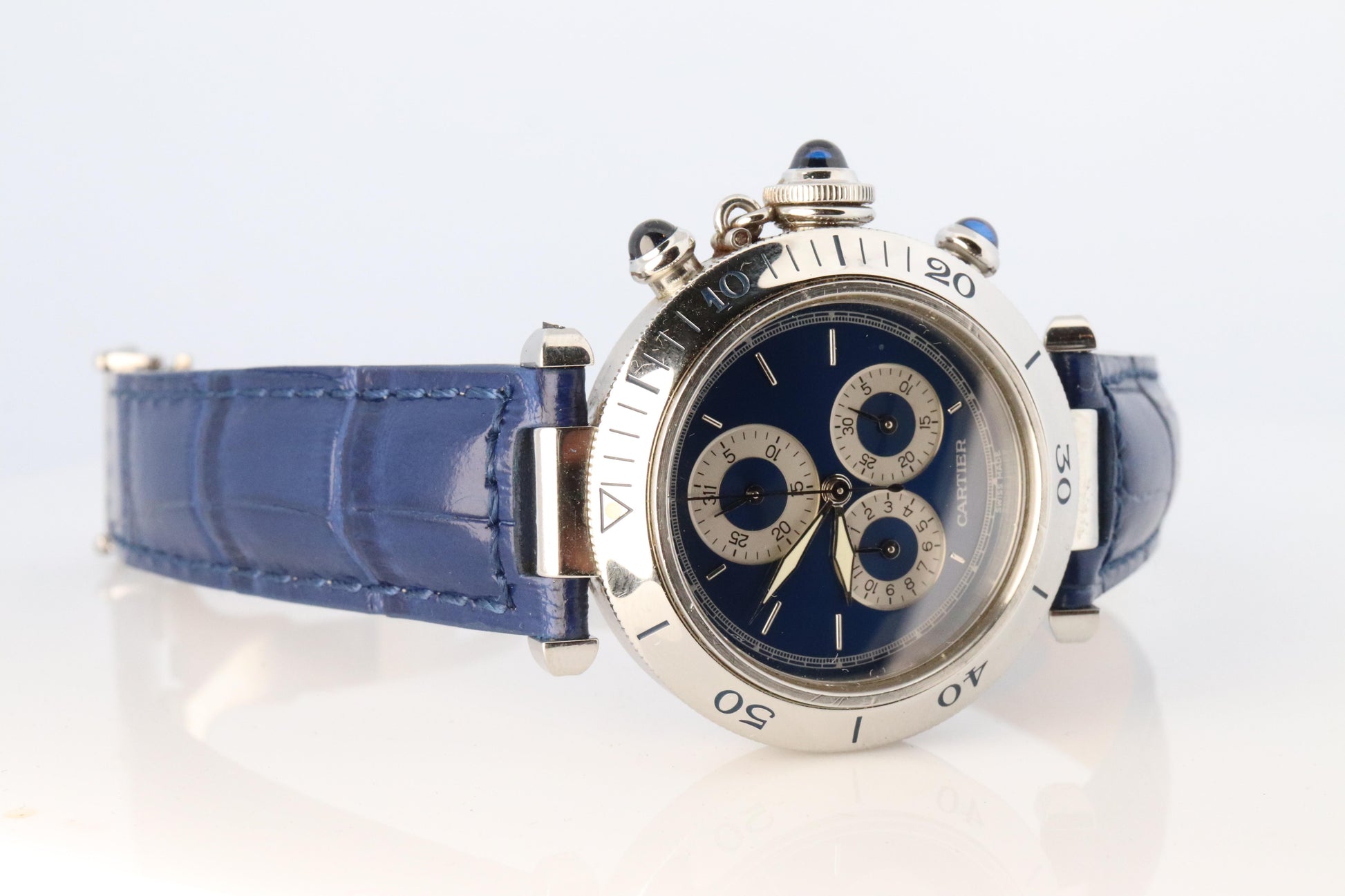 Vintage Cartier PASHA 1352 Chronograph. Rare Blue Dial.