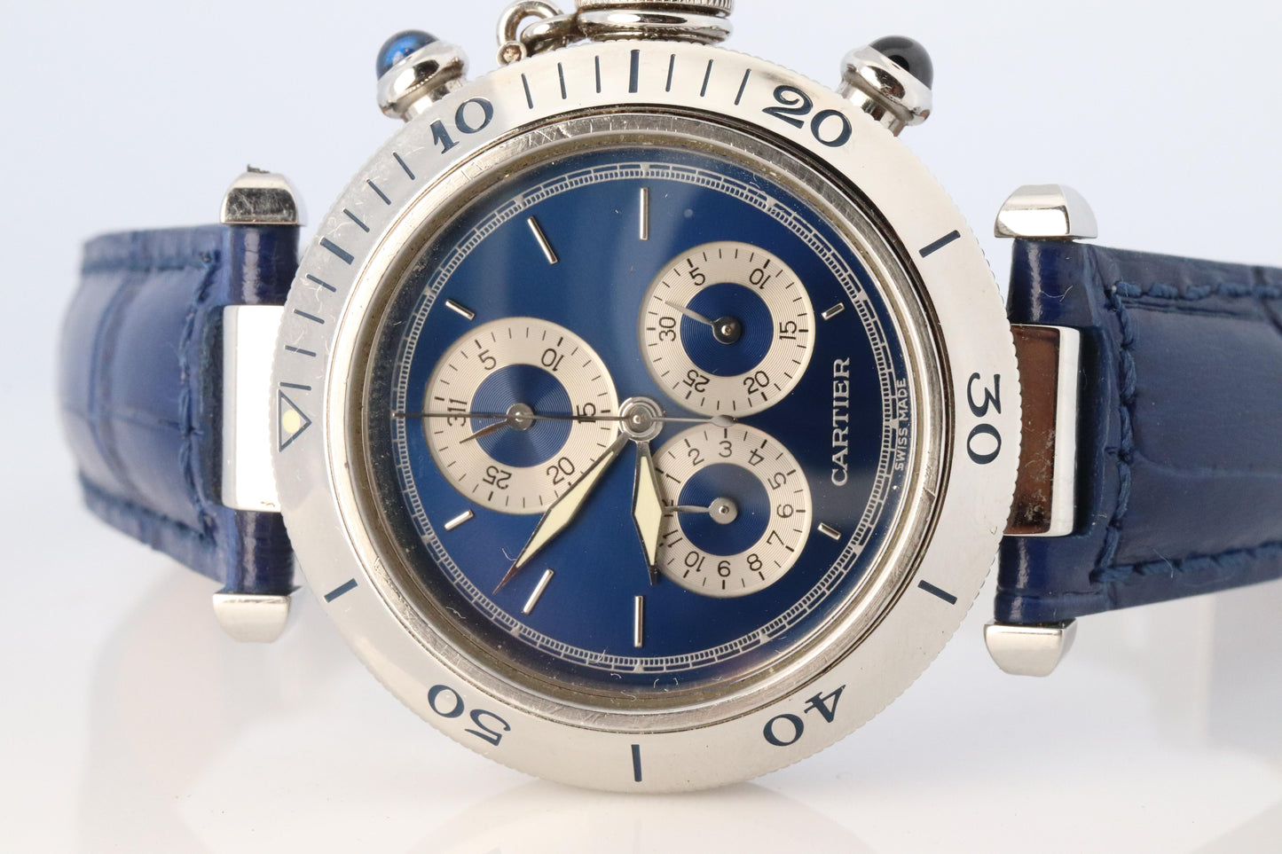 Vintage Cartier PASHA 1352 Chronograph. Rare Blue Dial.