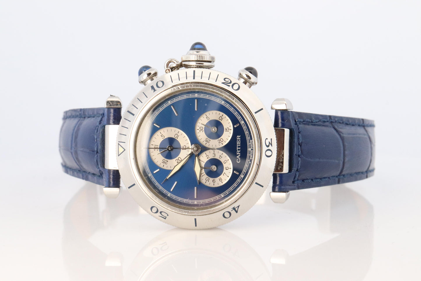 Vintage Cartier PASHA 1352 Chronograph. Rare Blue Dial.
